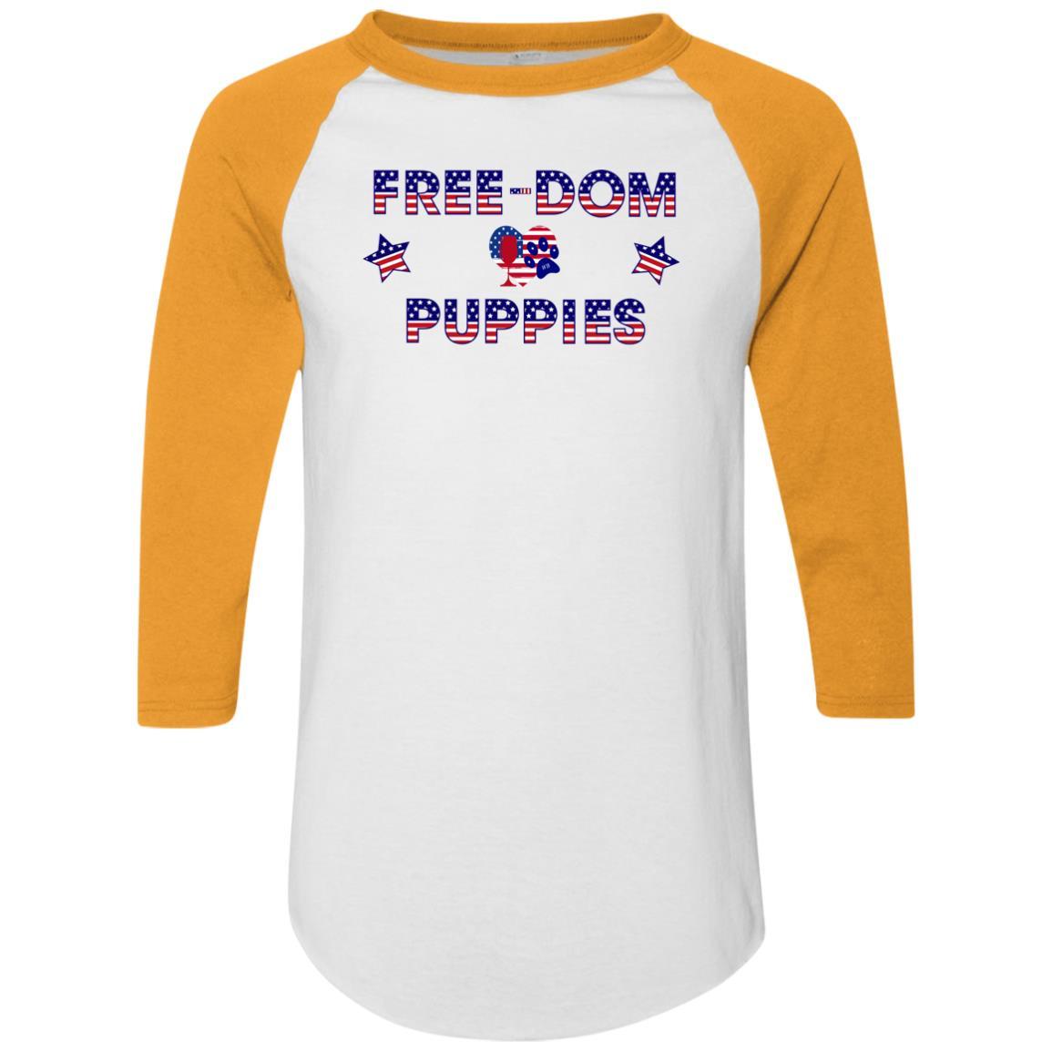 WineyBitches.Co Free Dom Puppies Colorblock Raglan Jersey - Trendy Women's Baseball Tee for Casual Wear, Street Style & Dog Lover Outfits