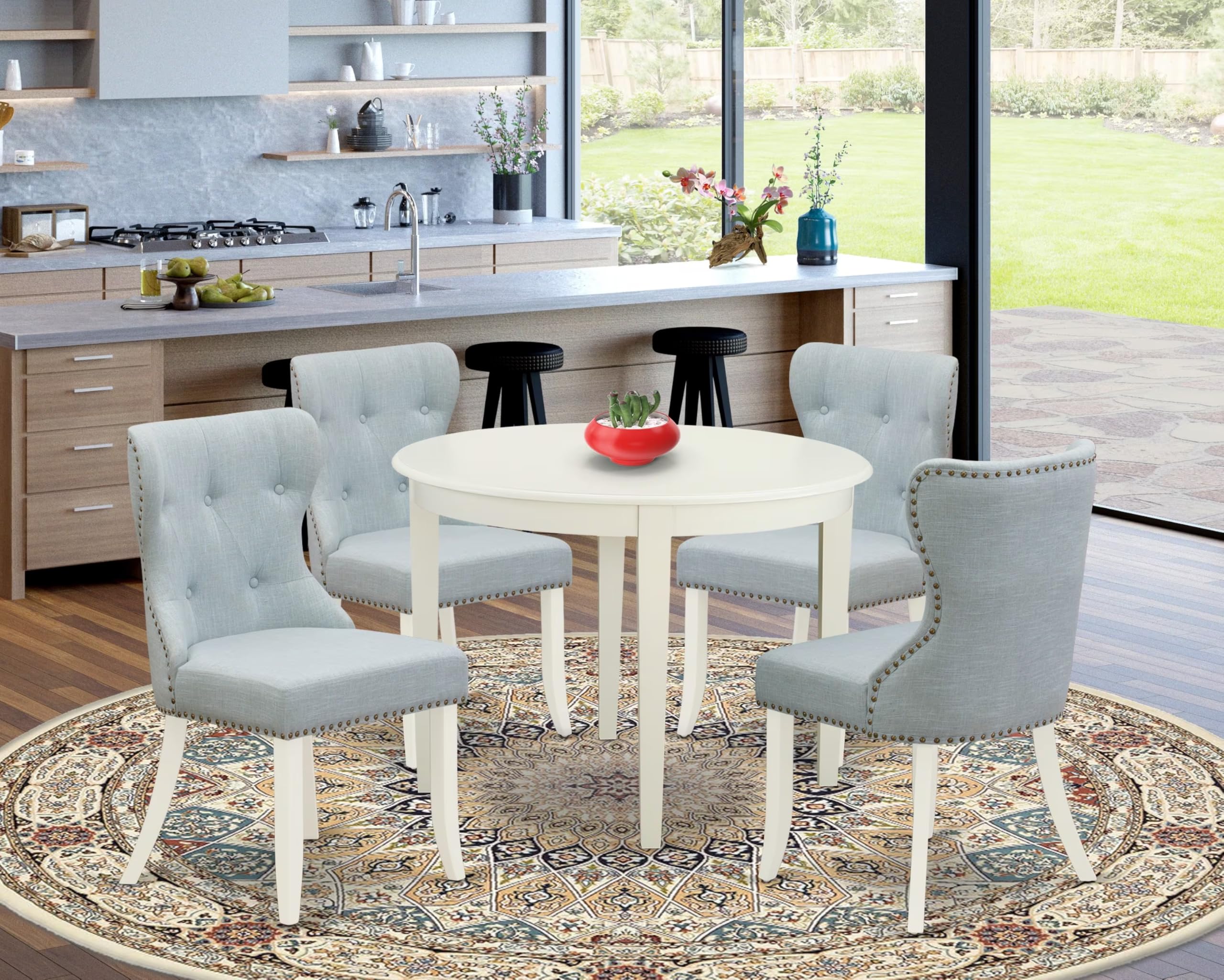 East West Furniture 5-Piece Round Dining Set for 4 - 42 Inch White Kitchen Table with 4 Baby Blue Linen Parsons Chairs - Perfect for Small Spaces, Breakfast Nooks & Cozy Family Meals