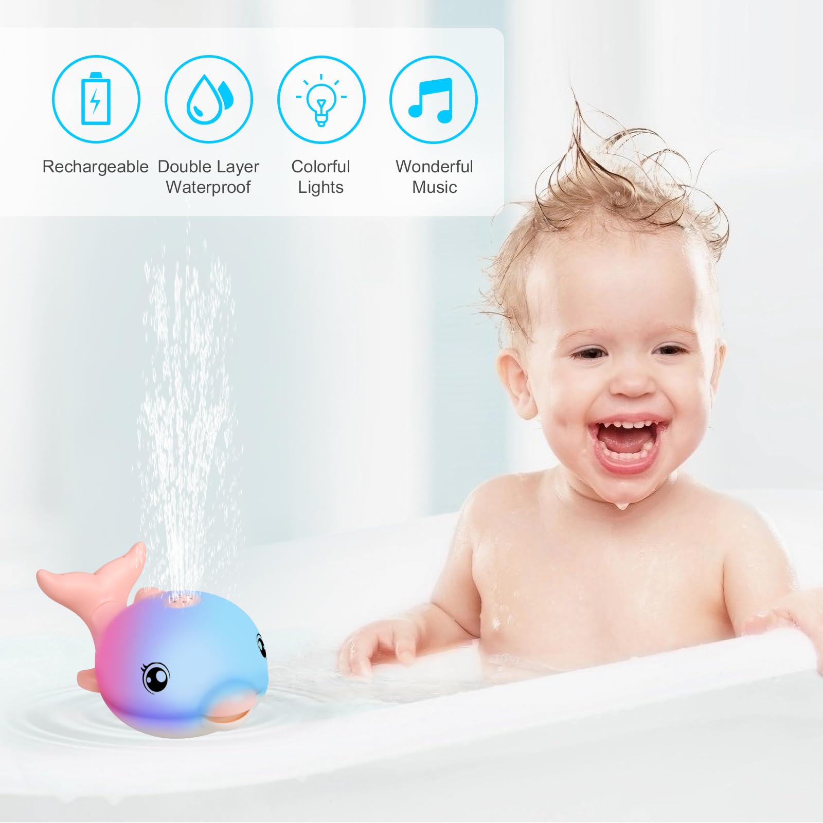 Rechargeable Light Up Dolphin Bath Toys for Babies 6-18 Months - Musical Sprinkler Bathtub Toys for Toddlers 1-4 Years Old Boys & Girls | Easter Basket Stuffers & Kids Birthday Gifts | Fun Bath Time & Sensory Play for Infants
