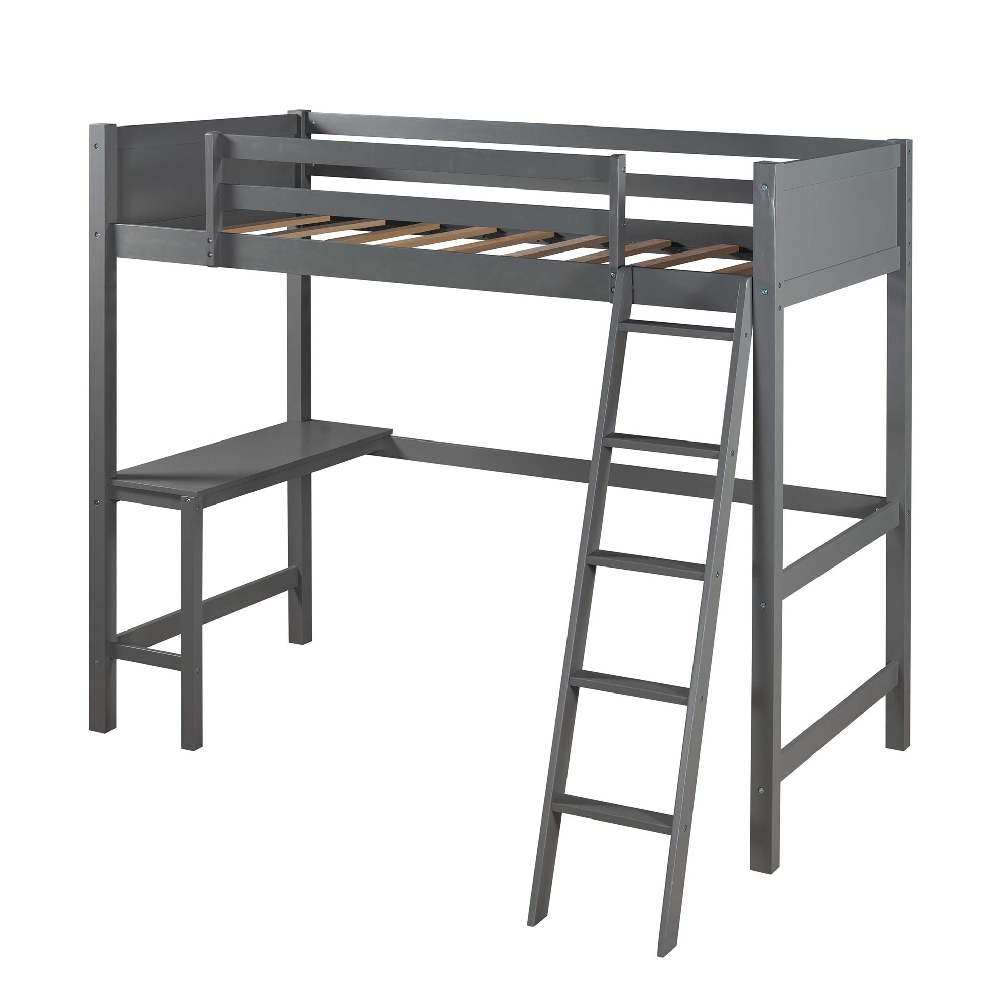 **Kids Twin Loft Bed with Study Desk & Safety Rail - Wooden Bunk Bed with Adjustable Angled Ladder (Left/Right Placement) - Space-Saving Gray Bed for Small Rooms, Dorms & Apartments**