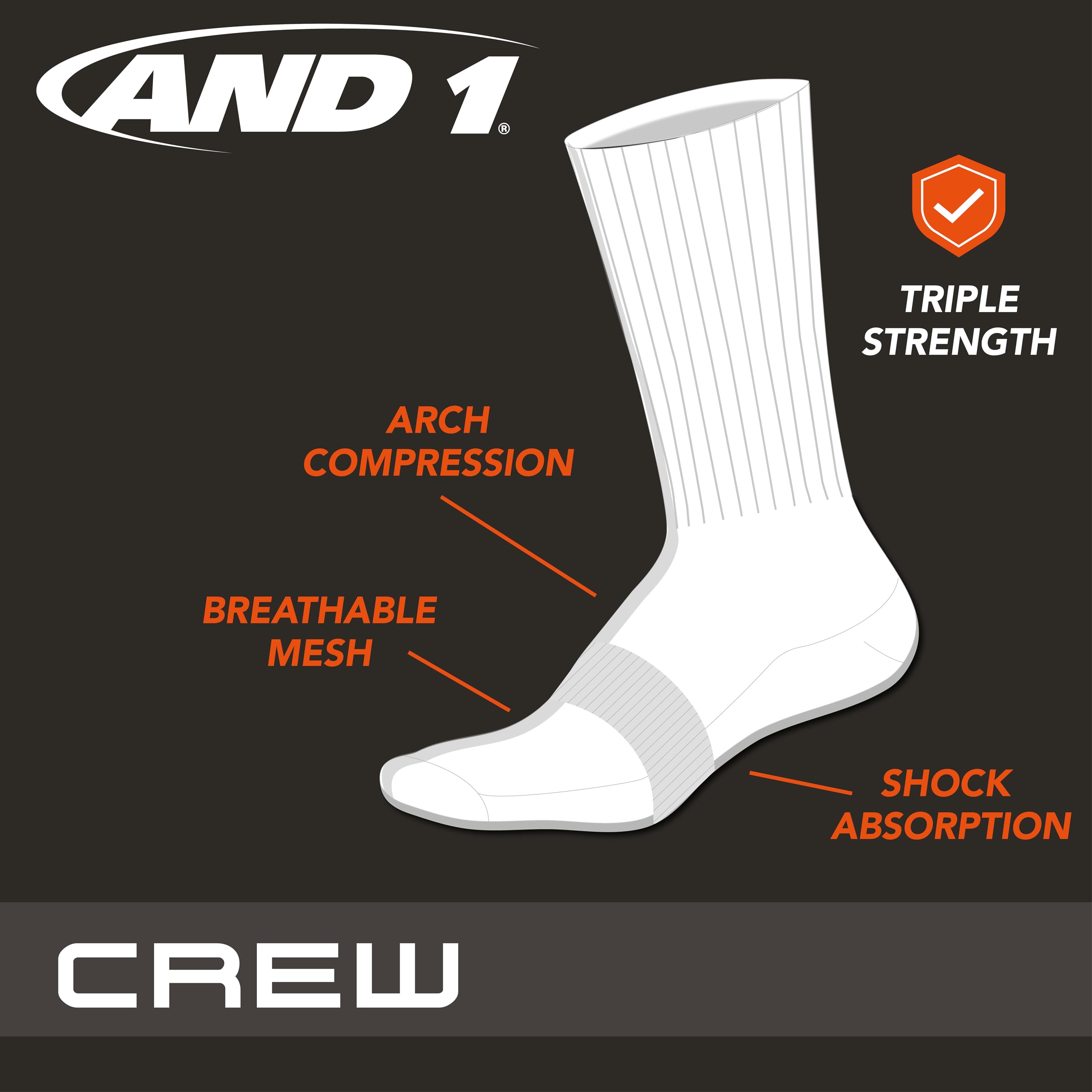 AND1 Men's Performance Cushion Crew Socks 12-Pack - Breathable Athletic Socks for Running, Basketball & Workout (Sizes 6-12.5) - Comfortable Sports Socks for Daily Wear & Gym Activities