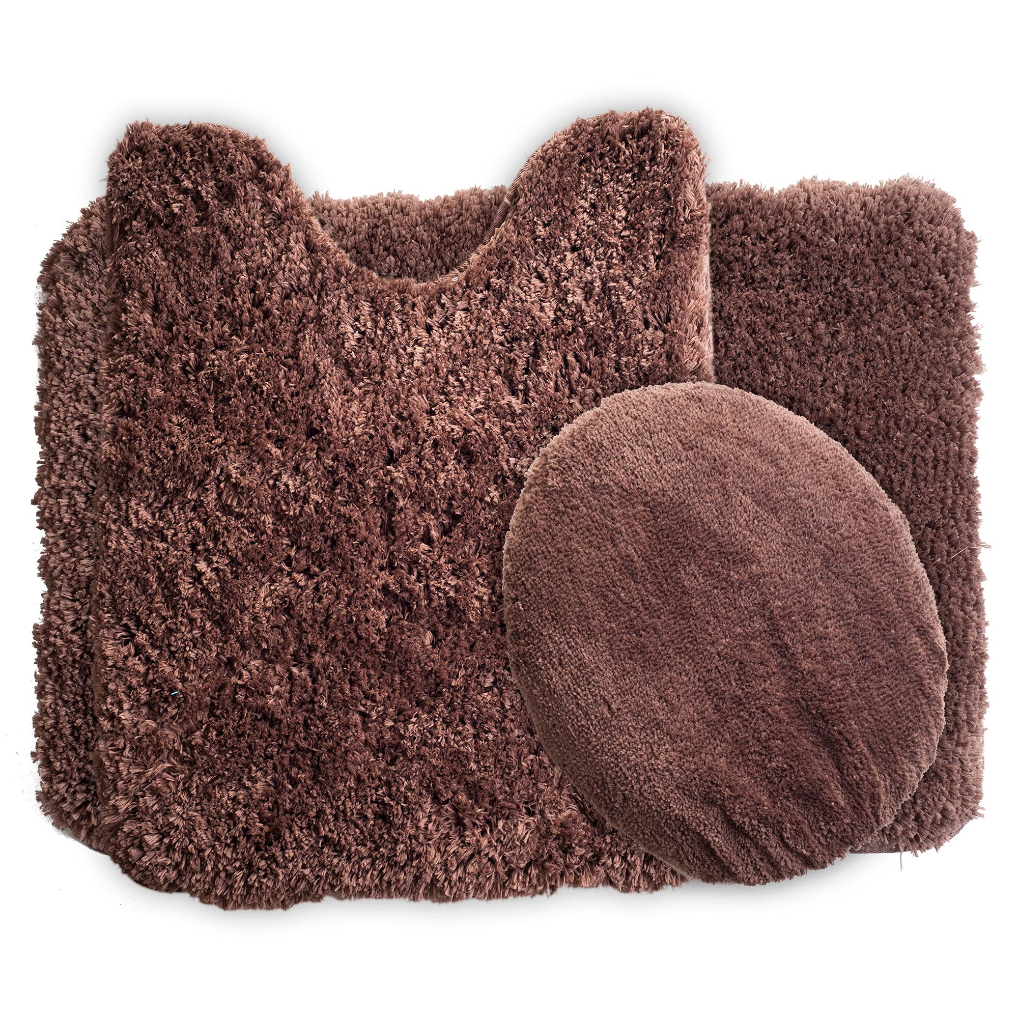 Lavish Home 3-Piece Non-Slip Bathroom Rug Set - Soft Absorbent Bath Mat, Contour Mat & Toilet Lid Cover - Machine Washable - Brown - Perfect for Bathroom Safety & Comfort