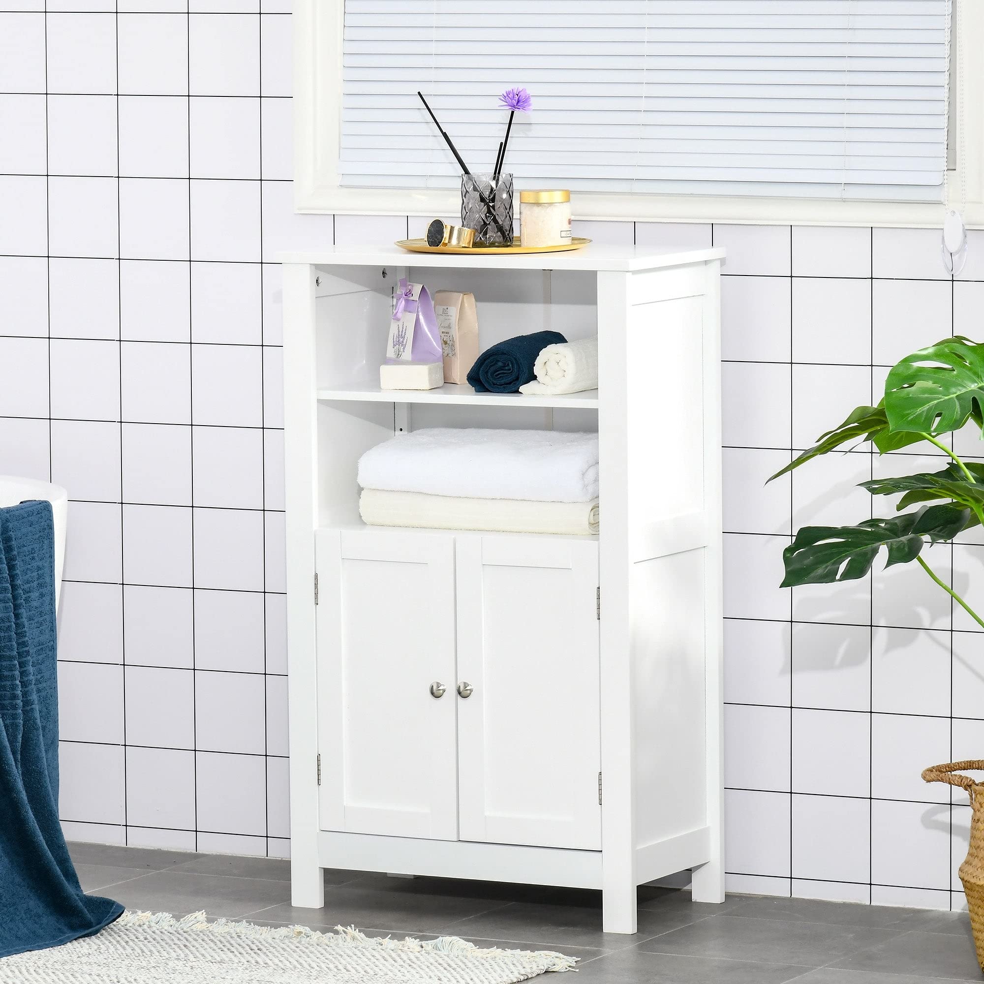 Modern White Freestanding Bathroom Storage Cabinet with Double Doors & 2 Adjustable Shelves - MDF Wood Finish Linen Organizer for Towels, Toiletries & Bath Essentials