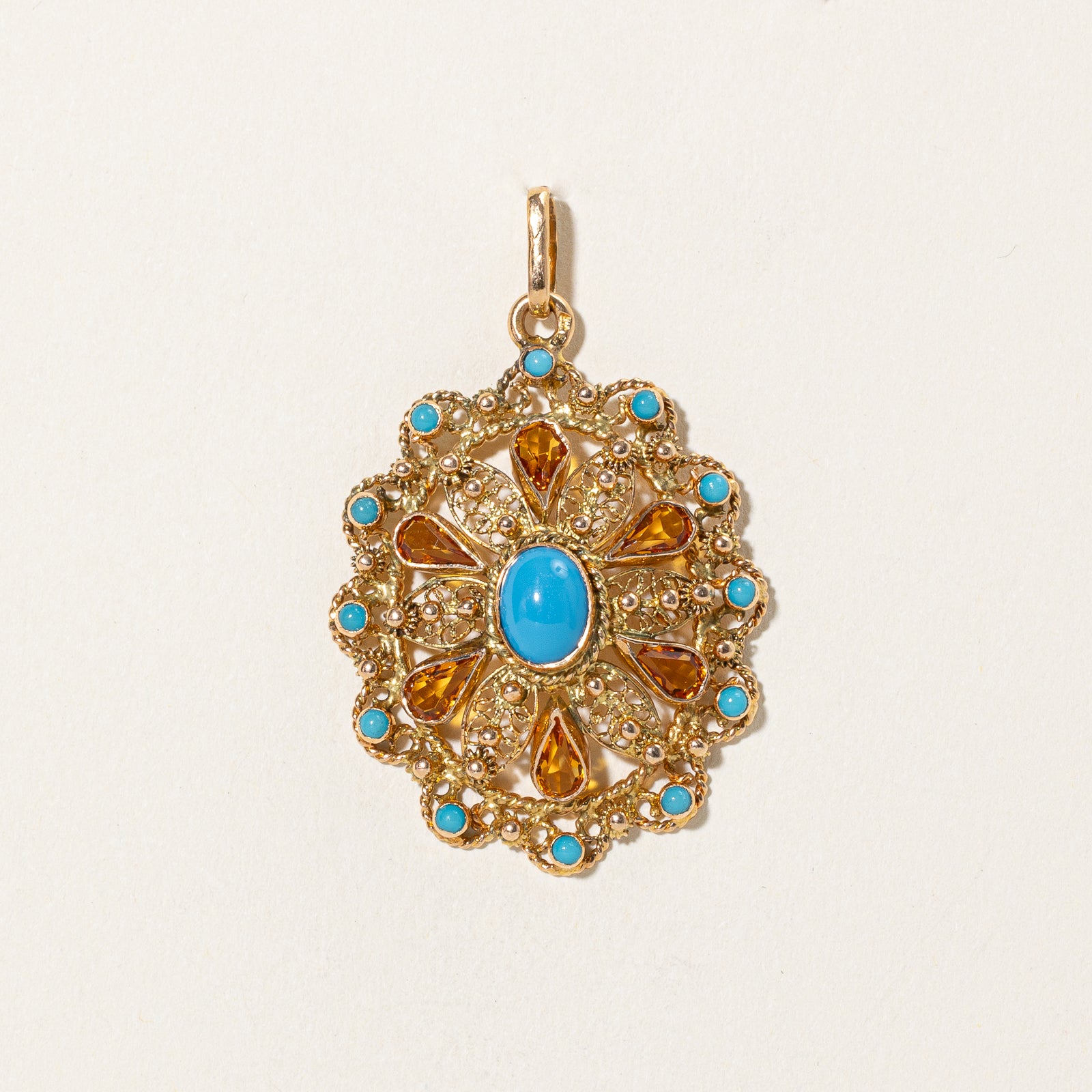 Vintage Portuguese Blue & Orange Paste Glass Ornate Pendant Necklace - 6.00ctw Handmade Jewelry for Women - Perfect for Weddings, Parties & Special Occasions