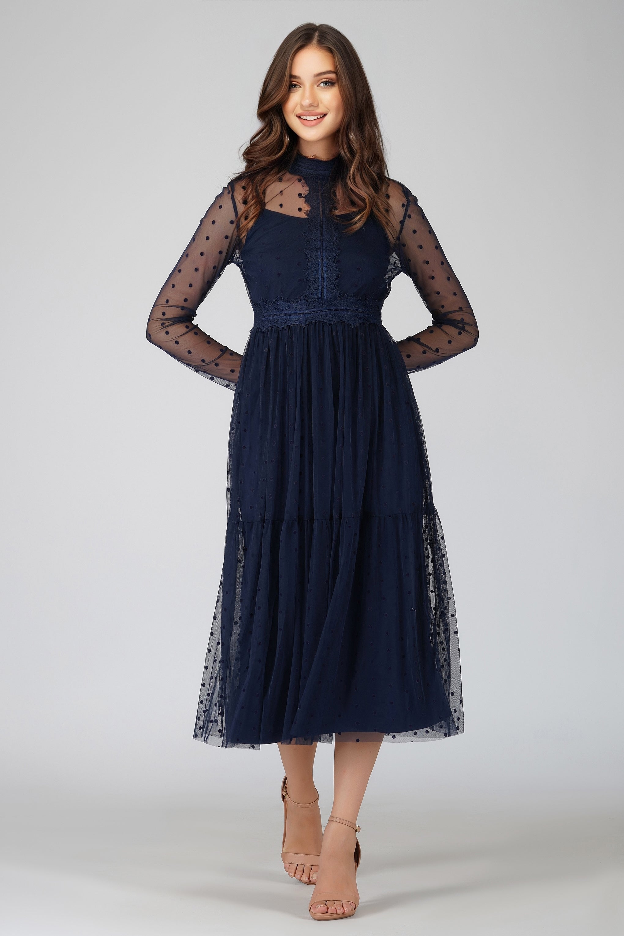 Roman Lola Navy Blue Polka Dot Midi Dress - Flowy Summer Dress for Women, Perfect for Beach Vacations, Brunch Dates & Casual Outings