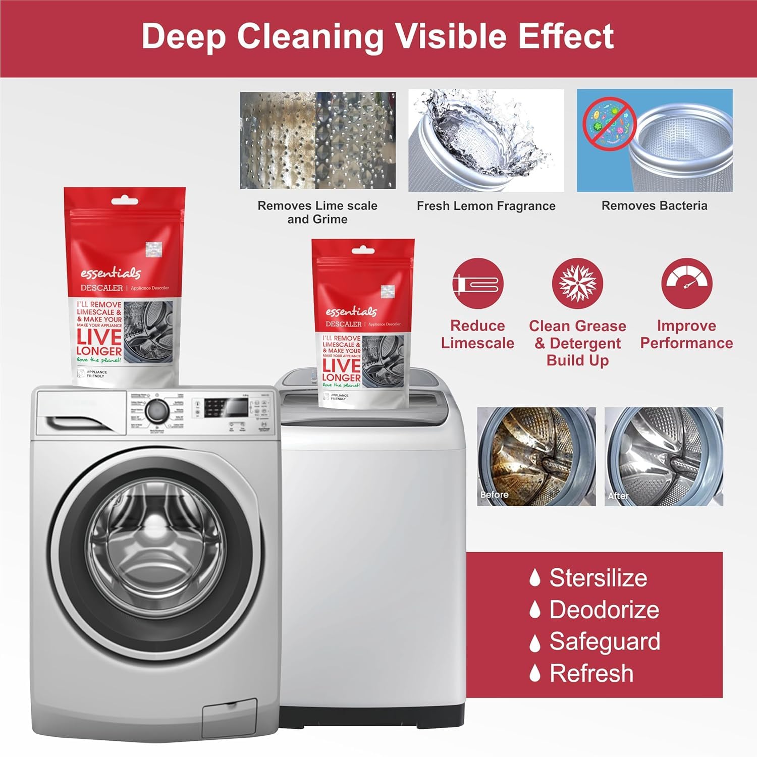 Brocade Washing Machine Cleaner & Descaler - Front Load & Top Load Washer Cleaning Powder (4 x 100g Pack) - Removes Odor, Mold & Residue - Ideal for HE, Standard & Compact Washing Machines - Fresh Aqua Scent