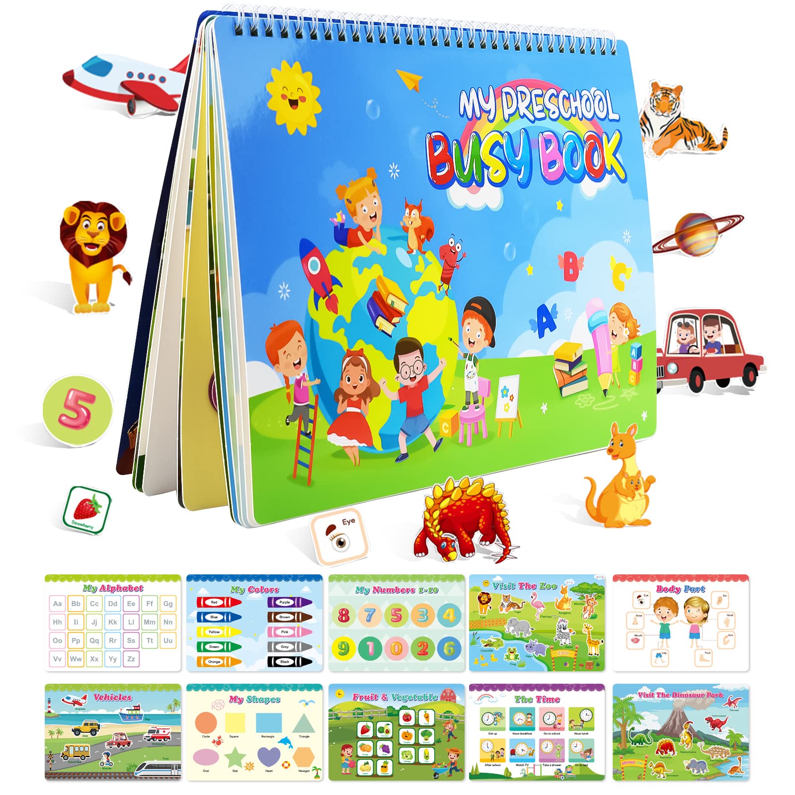 Montessori Busy Book for Toddlers - 11 Page Preschool Learning Activity Quiet Book with Stickers, Educational Toy for Kids Ages 2-6 (Boys & Girls) - Perfect for Travel, Home & Classroom Learning