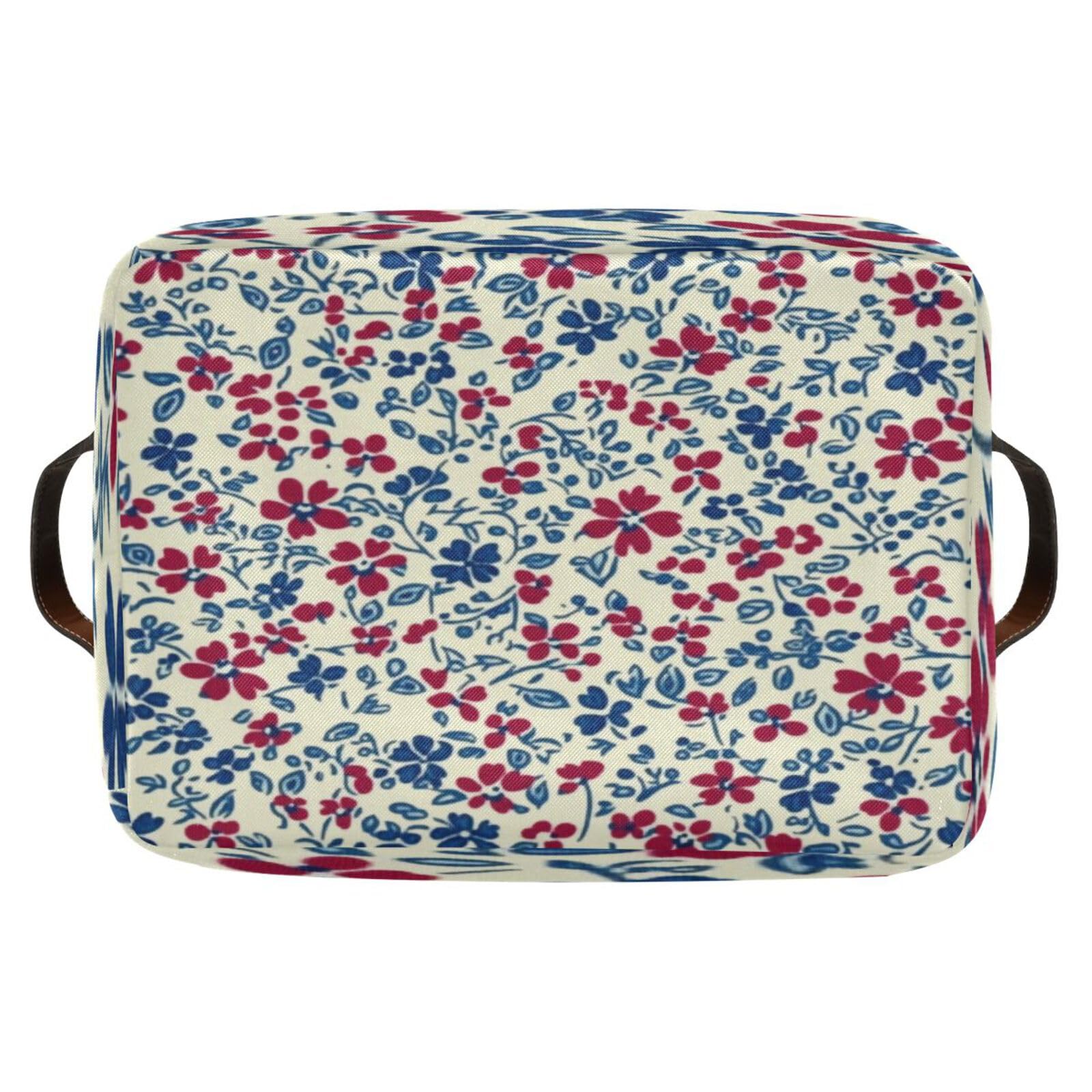 Large Foldable Storage Baskets with Handles - 2 Pack Creamy Red & Blue Floral Pattern - Closet Organizers, Shelf Bins for Home Organization (Perfect for Bedroom, Bathroom & Kids Room Storage)