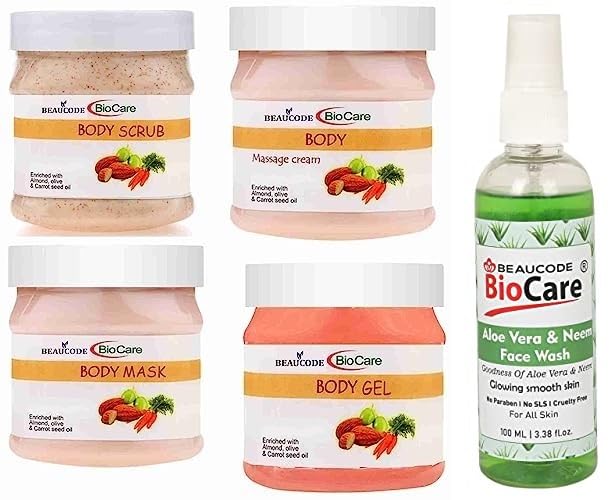 Beaucode BioCare Complete Skincare Set with Aloe Vera & Neem - 5-Piece Facial Kit Includes Face Wash (100ml), Cream, Mask, Gel & Scrub (250g Each) | Paraben-Free, SLS-Free, Sulfate-Free & Cruelty-Free | For All Skin Types - Women & Men | Perfect for Daily Cleansing, Acne Treatment & Skin Hydration