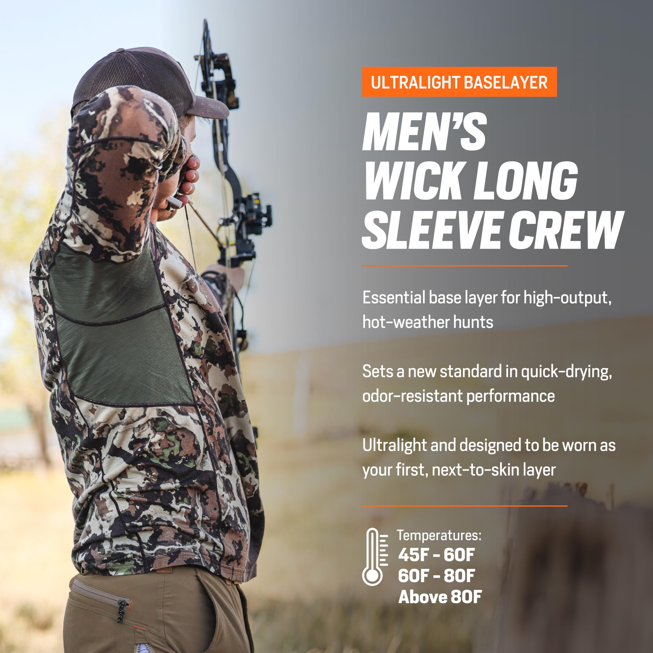 First Lite Men's Wick Long Sleeve Crew - Premium Merino Wool Camo Hunting Base Layer Shirt | UV Protection & Moisture Wicking | Ideal for Cold Weather Hunting, Hiking & Outdoor Adventures