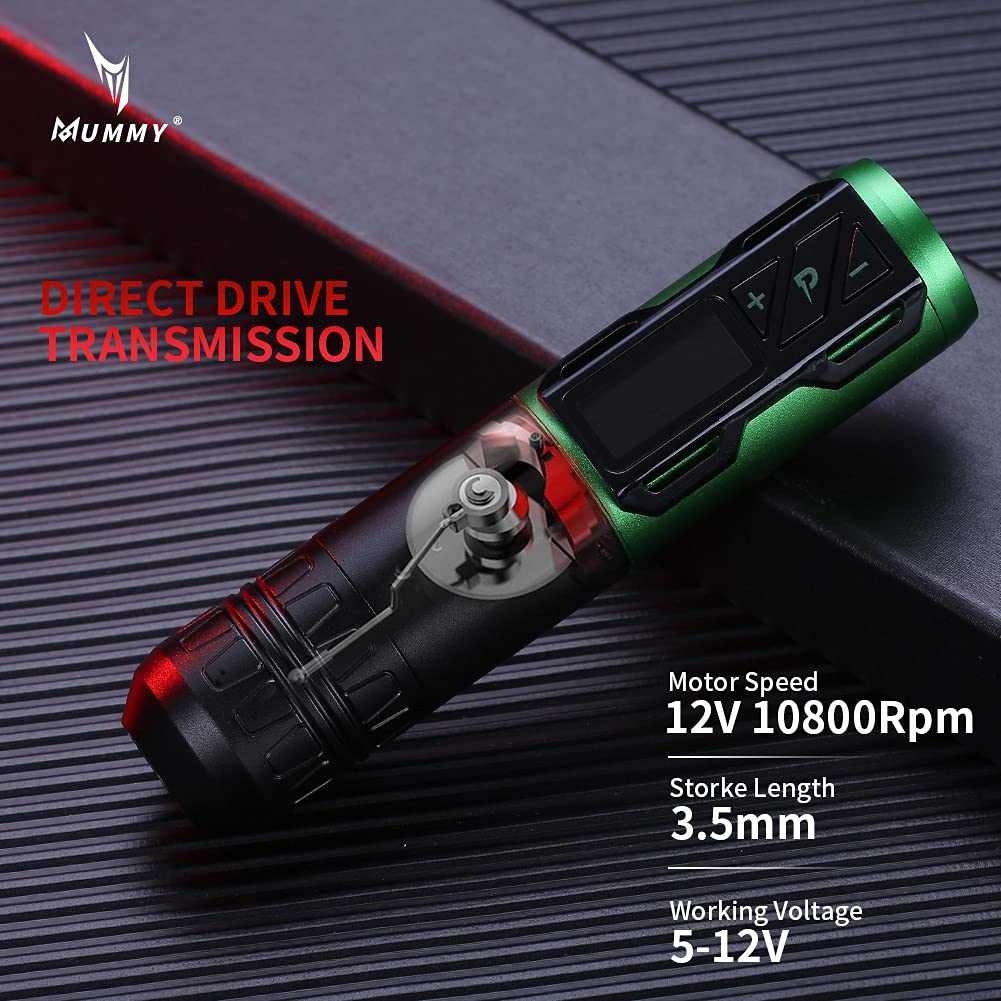 Professional Rotary Tattoo Pen Machine - 1800mAh Coreless Motor, Digital LED Display, Mummy Cartridge Compatible (Green) | Ideal for Tattoo Artists, Beginners & Professional Tattoo Supplies