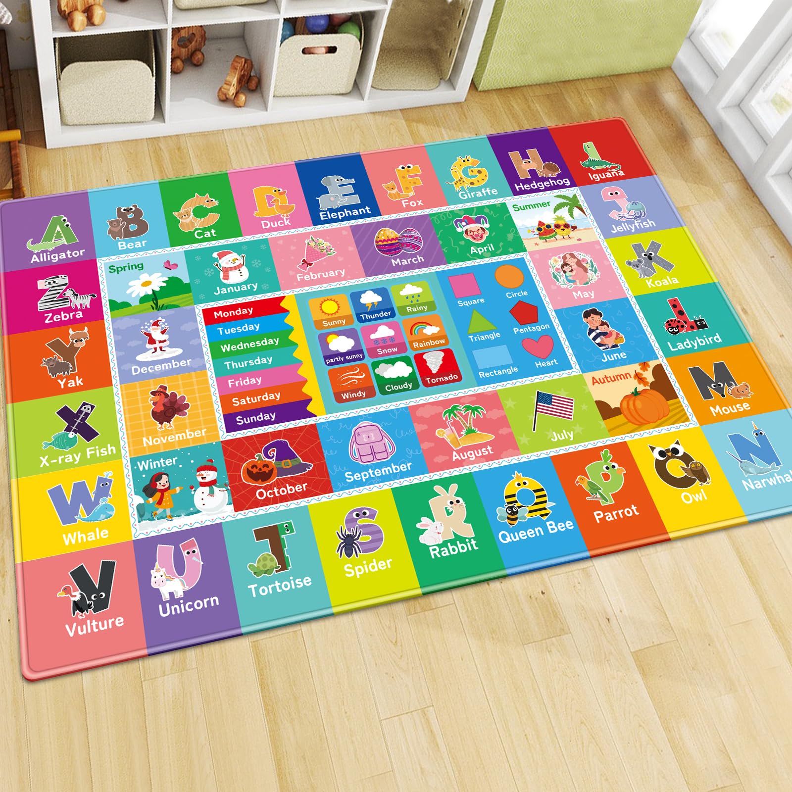 AKASISRUG Educational Kids Playroom Rug - ABC Alphabet, Months, Weather, Week & Shapes Learning Carpet for Toddlers | Non-Slip Nursery Mat for Bedroom, Classroom & Daycare (110.2x78.7 Inch) - Perfect for Early Childhood Education & Interactive Playtime