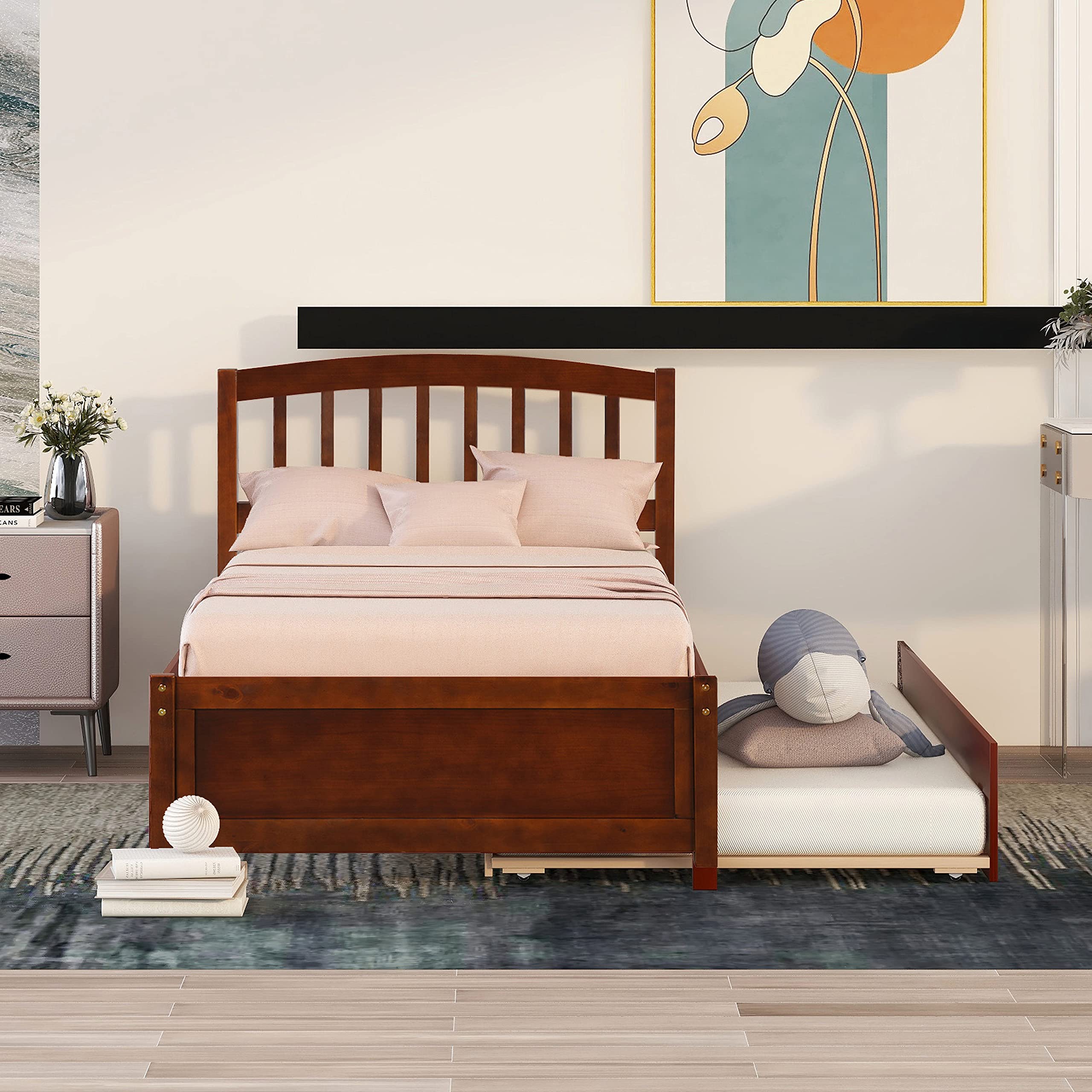 Harper & Bright Designs Solid Pine Wood Platform Bed with Trundle - Twin Size Bed Frame with Headboard for Kids, Teens & Adults - No Box Spring Needed (Walnut) - Perfect for Guest Rooms, Kids' Bedrooms & Small Spaces