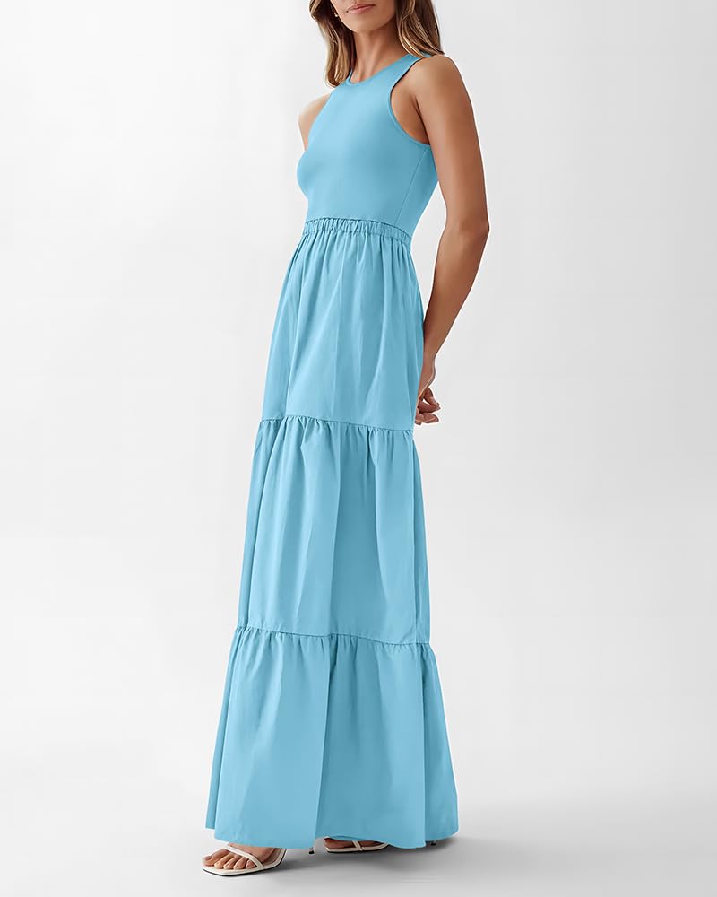 BTFBM Women's Sleeveless Summer Maxi Dress - Wedding Guest Dress with Ribbed Knit Top & Pockets - Flowy Polyester Skirt for Beach Vacations, Garden Parties & Special Occasions