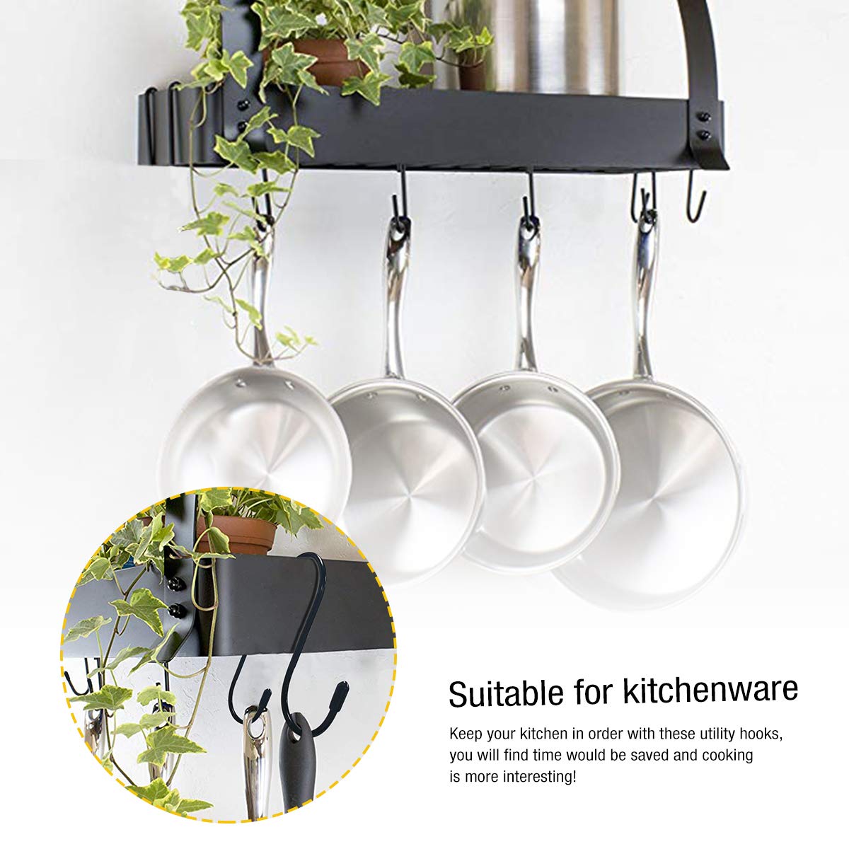 20 Pack S-Shaped Hanging Hooks for Kitchen - Heavy Duty Pot Pan Hooks for Pots, Pans, Plants, Bags & Towels - Space Saving Organizer for Kitchen, Bathroom, Bedroom & Office (Black) - Perfect for Cabinet Doors, Shelves & Wall Mounting