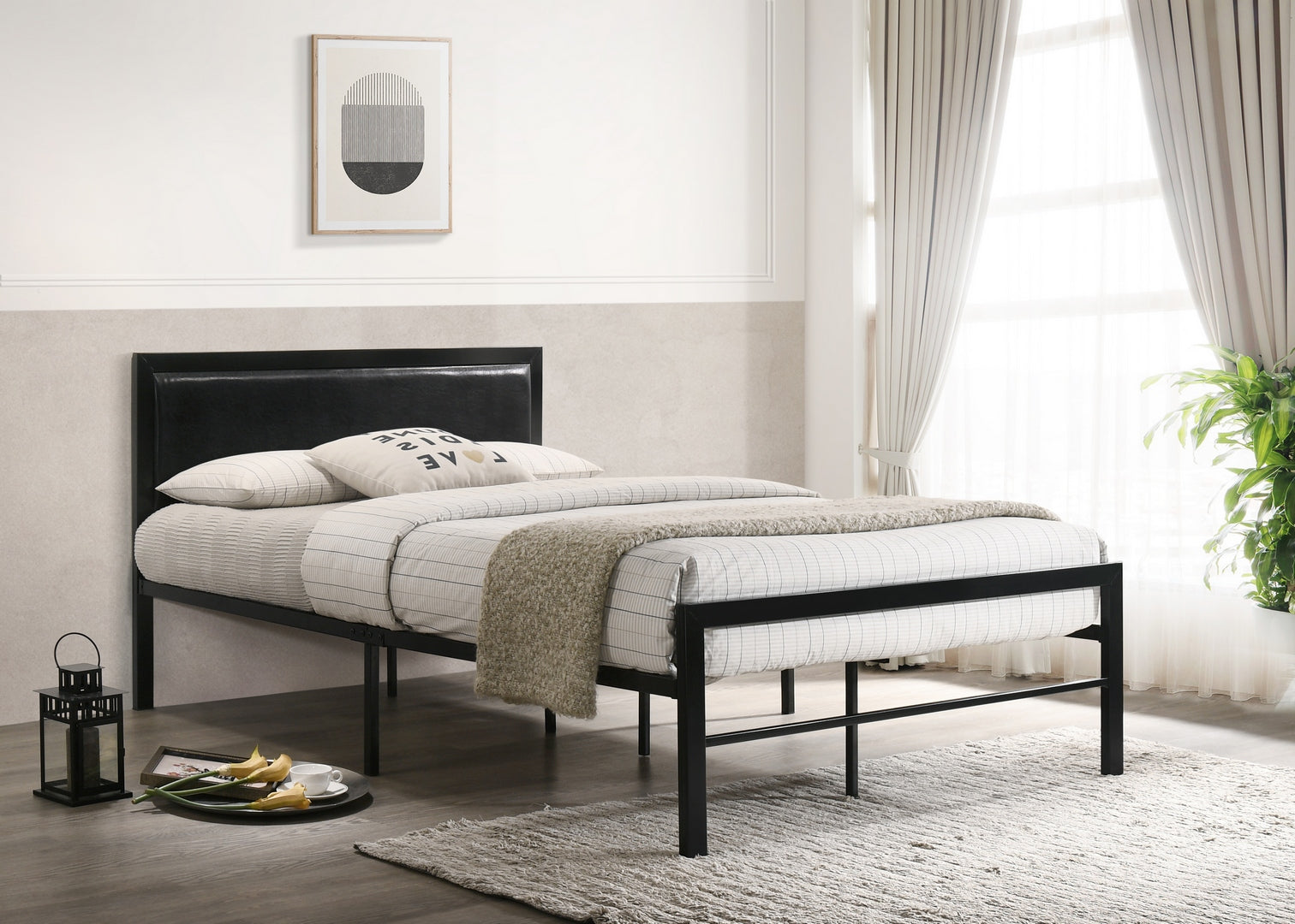 142B Black Steel Platform Bed Frame with Black PU Upholstered Headboard - Modern Minimalist Bedroom Furniture for Small Spaces & Apartments