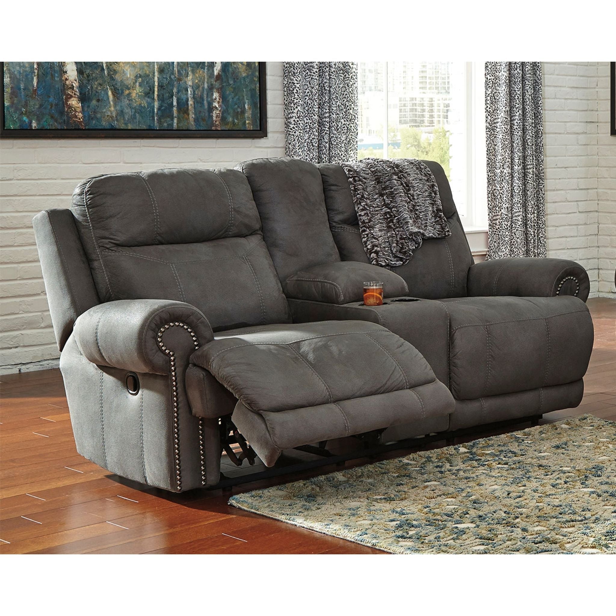 Stylish Gray Austere Reclining Loveseat with Console - Perfect for Living Room, Home Theater & Small Space Relaxation