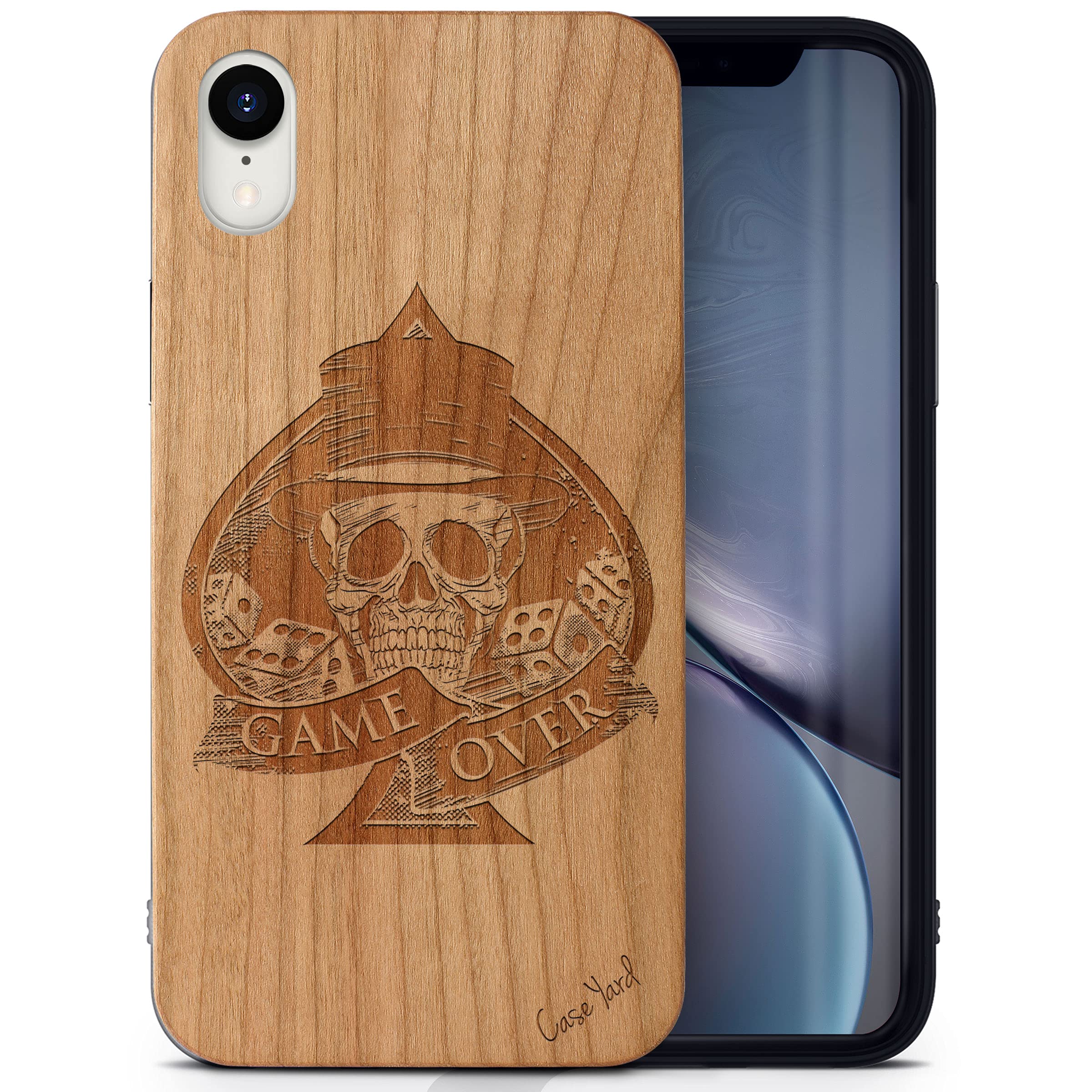 CaseYard Wood Phone Case for iPhone XR - Laser Engraved Game Over Design in Cherry Wood | Shockproof & Slim Fit Protective Cover for Men & Women | Perfect for Gaming Enthusiasts & Nature Lovers