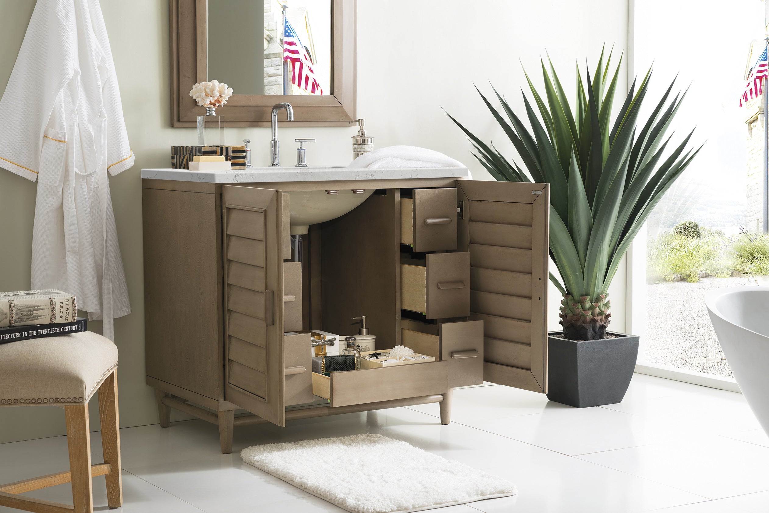 Portland 36 Inch Single Bathroom Vanity in Whitewashed Walnut with 3CM Eternal Jasmine Pearl Quartz Countertop - Perfect for Modern Farmhouse, Coastal, or Transitional Bathroom Designs