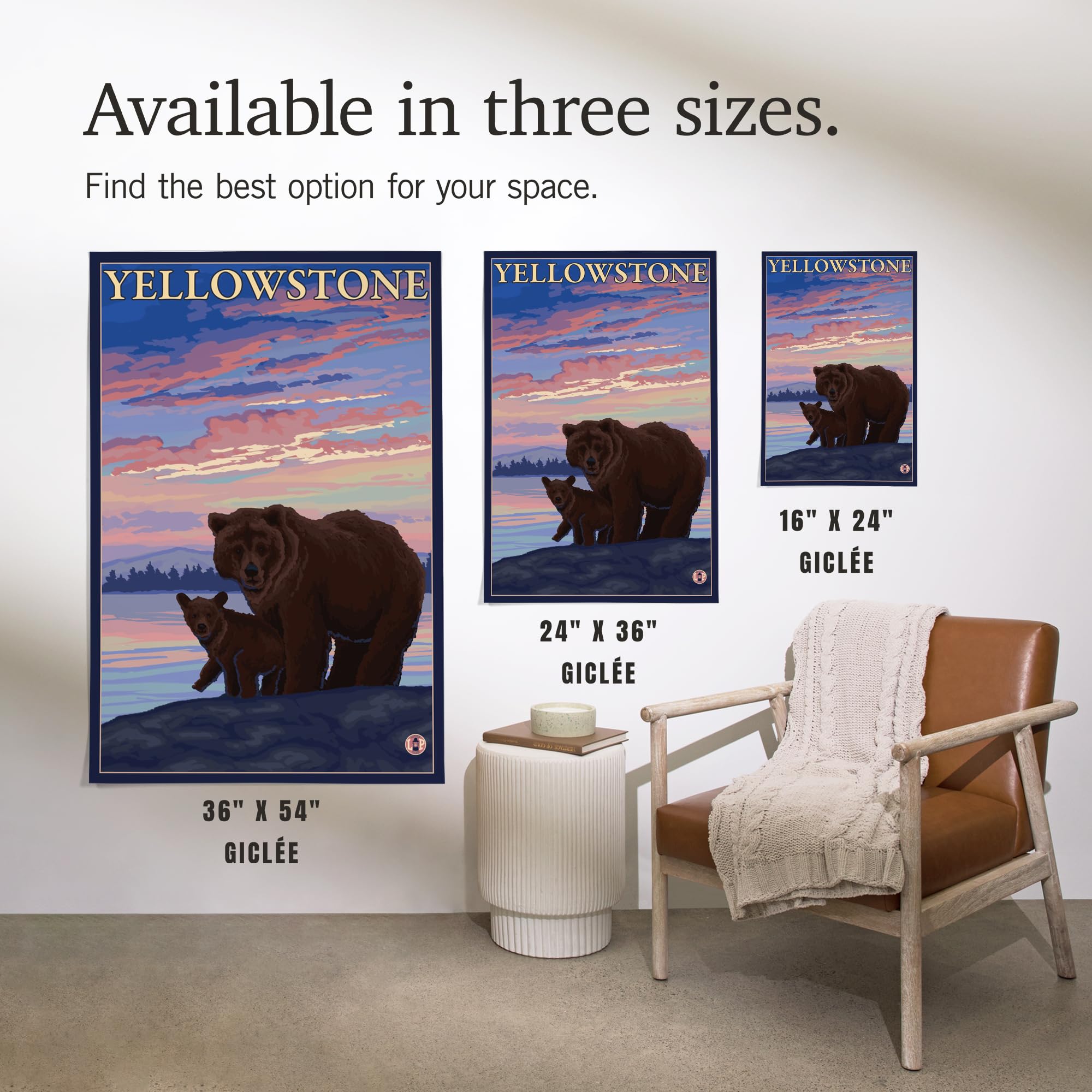 Lantern Press 16x24 Inch Giclee Art Print - Yellowstone National Park Landscape with Bear and Cub Wildlife Scene - Premium Wall Decor for Living Room, Bedroom & Office