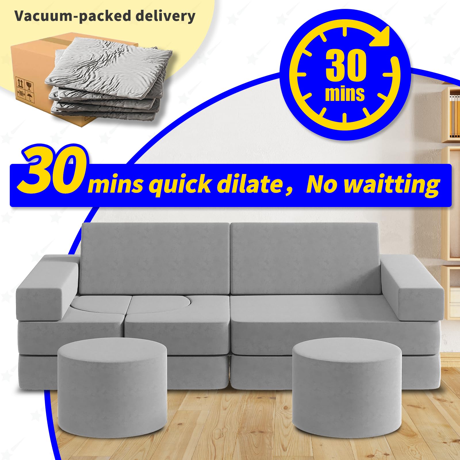 13-Piece Modular Kids Play Couch with 2 Ottomans - Foldable Playroom & Bedroom Sofa for Boys & Girls - Soft Gray Large Play Couch for Reading, Napping & Pretend Play