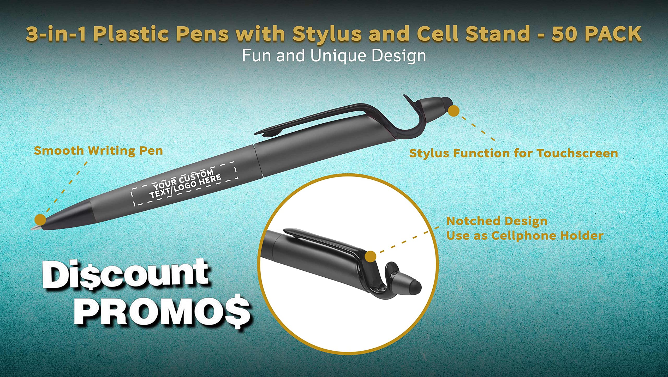 3-in-1 Multi-Function Stylus Pen with Phone Stand - 50 Pack Bulk Ballpoint Pens with Black Ink - Custom Text & Logo Printing - Ideal for Office, School & Business Promotions