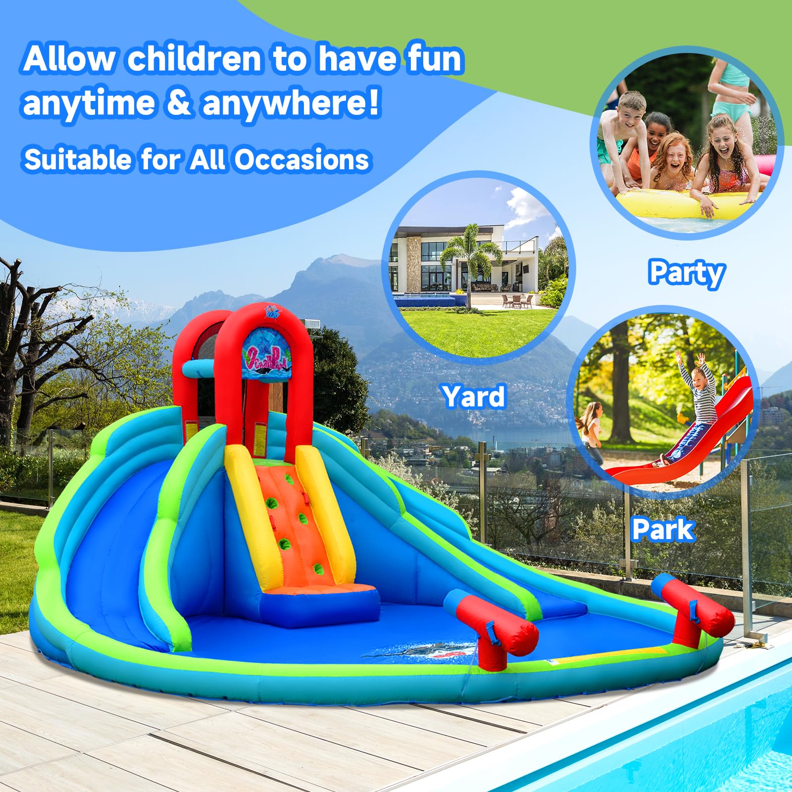 HONEY JOY Inflatable Water Slides for Kids - Bounce House with Long Slides, Climbing Wall, Splash Pool & Water Cannons | Backyard Water Park for Summer Fun | Perfect for Birthday Parties, Family Gatherings & Outdoor Play (Blower Not Included)