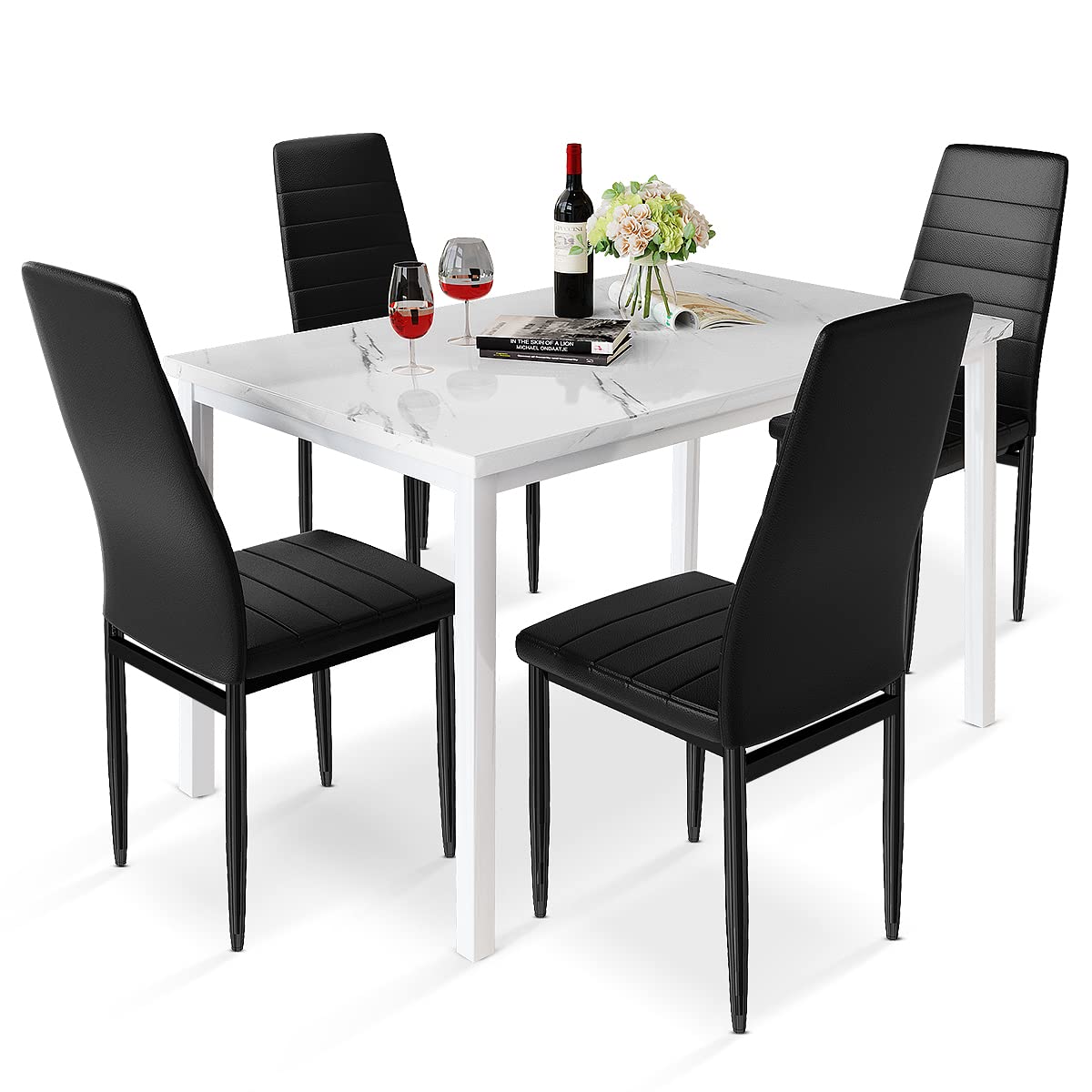 Modern 4-Piece Dining Table Set with Faux Marble Top & PU Leather Chairs - Kitchen & Dining Room Furniture for Small Spaces, Apartments, Family Dinners & Entertaining Guests