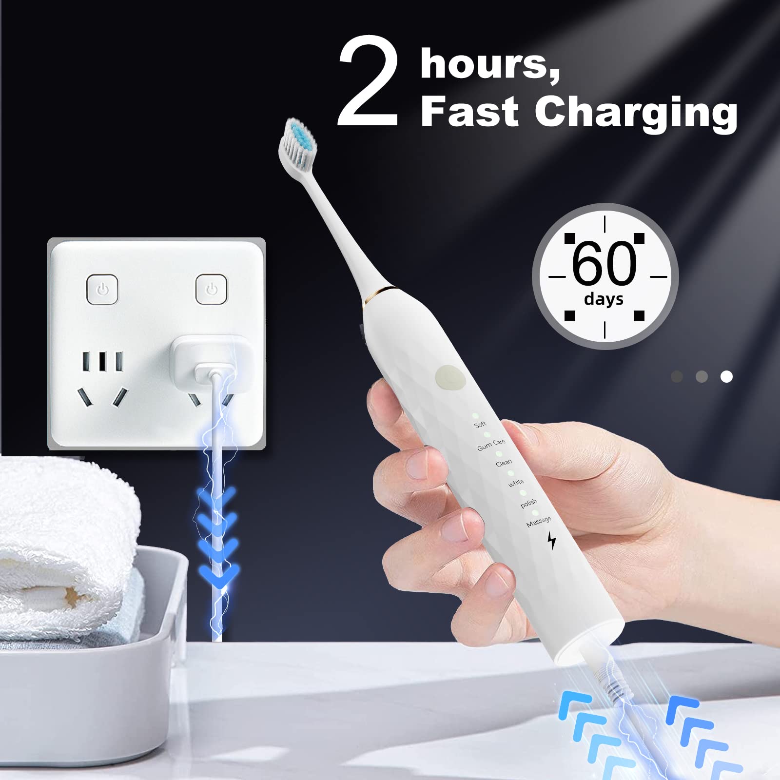 Premium Electric Toothbrush 2 Pack for Adults - 10 Replacement Brush Heads, 2 Holders, 6 Cleaning Modes & Smart Timer - 2 Hour Fast Charge Lasts 60 Days (Black & White) - Perfect for Travel, Home & Family Oral Care
