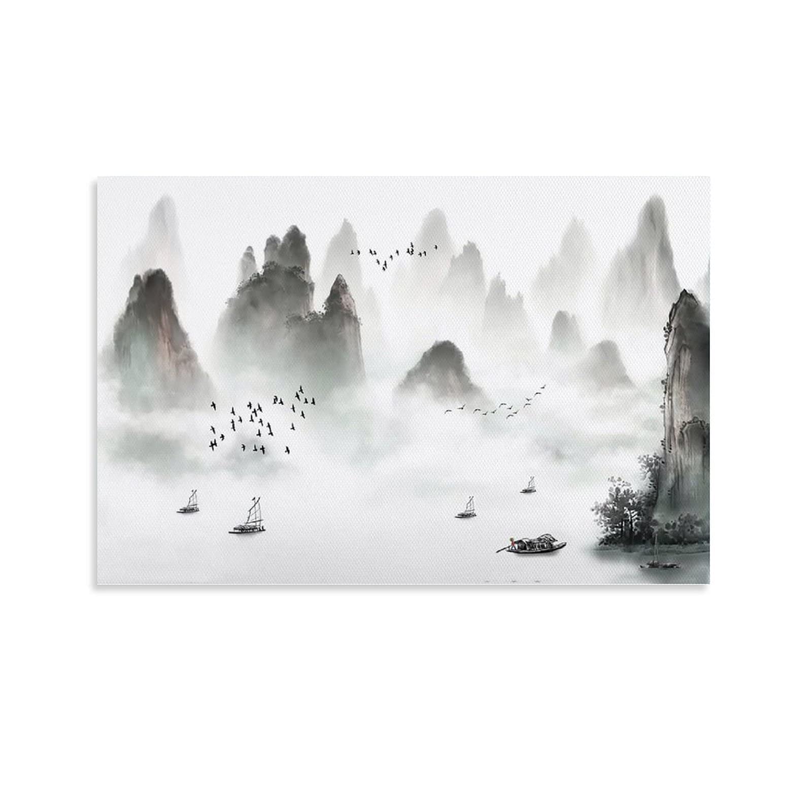 HYQHYX Traditional Chinese Black and White Landscape Canvas Wall Art - 20x30cm (8x12inch) Hand-Painted Scroll Painting for Living Room & Bedroom Decor | Perfect for Zen Home, Office & Meditation Space Decoration