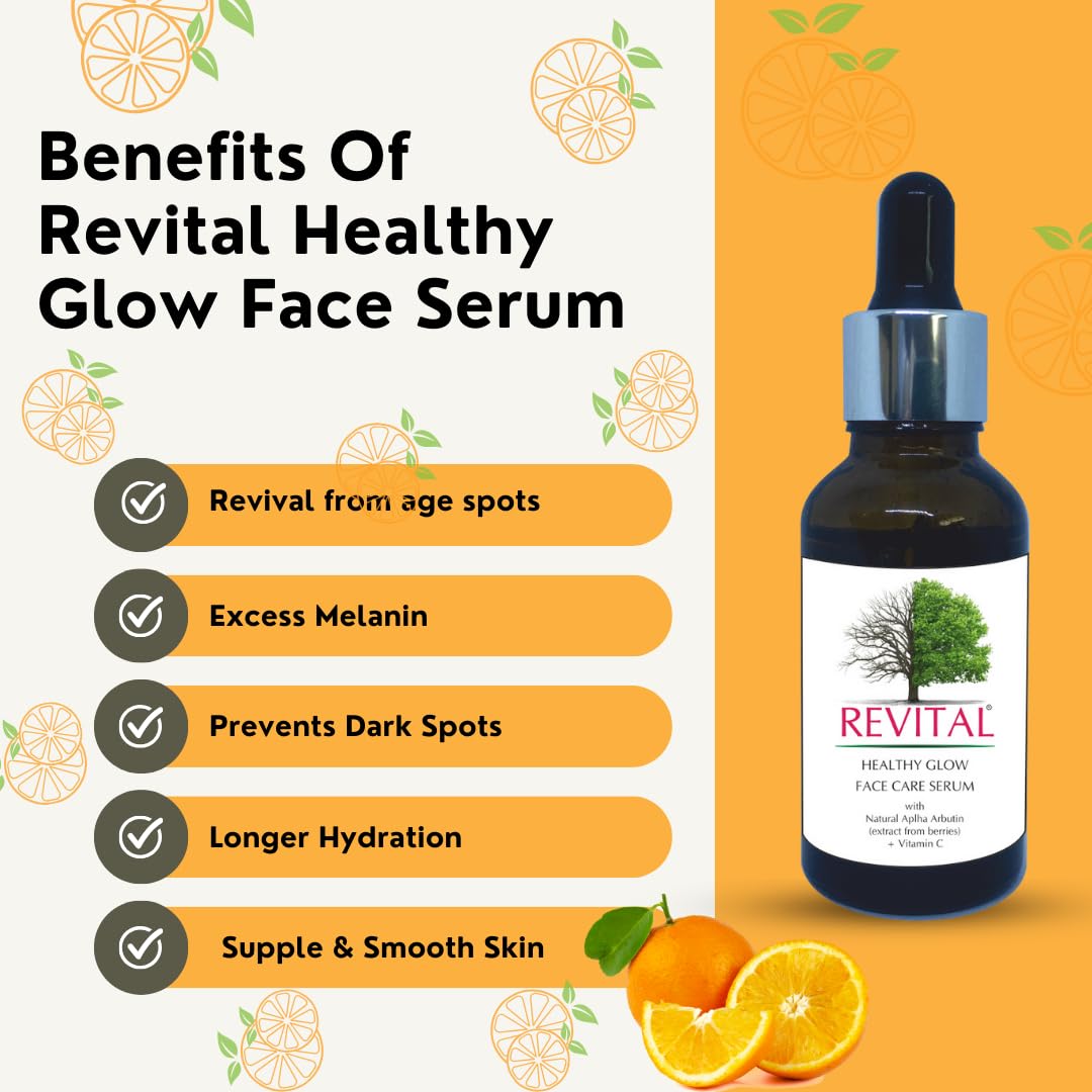 Revital Healthy Glow Face Serum with Natural Alpha Arbutin & Vitamin C - Brightening Treatment for Age Spots, Sun Damage & Hyperpigmentation - Hydrating Anti-Aging Formula for Youthful Radiant Skin - Perfect for Daily Skincare Routine & Post-Sun Care