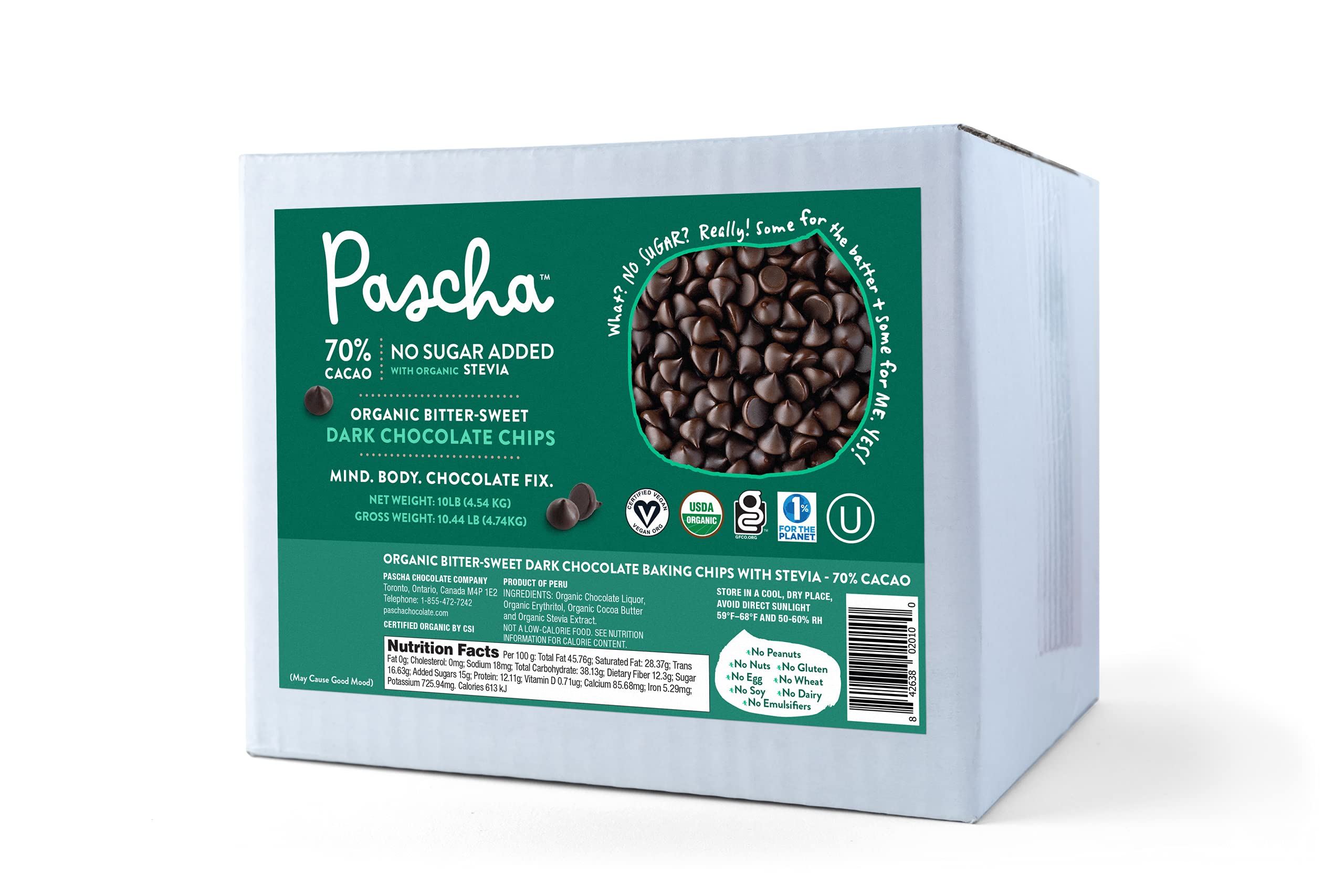 **Pascha Bulk Organic Chocolate Chips (10 lbs) – Keto, No Added Sugar, Vegan – Perfect for Baking, Desserts & Healthy Snacks**