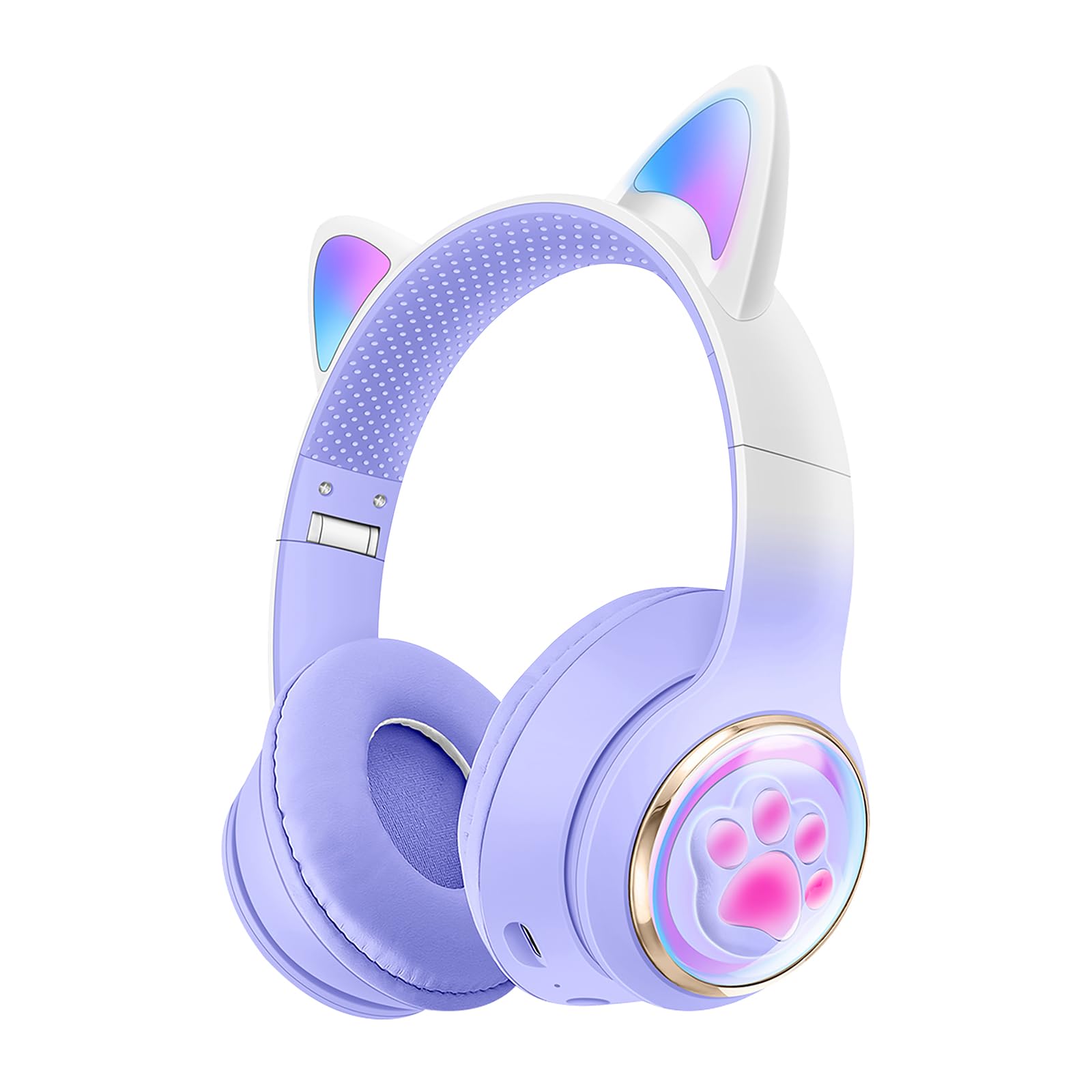 Wireless Cat Ear Headphones for Kids with RGB LED Lights - Foldable Over-Ear Bluetooth Headset with Mic, Noise Protection & Wired Mode - Compatible with Phone, PC, Tablet - Perfect for School, Gaming & Travel (Purple)