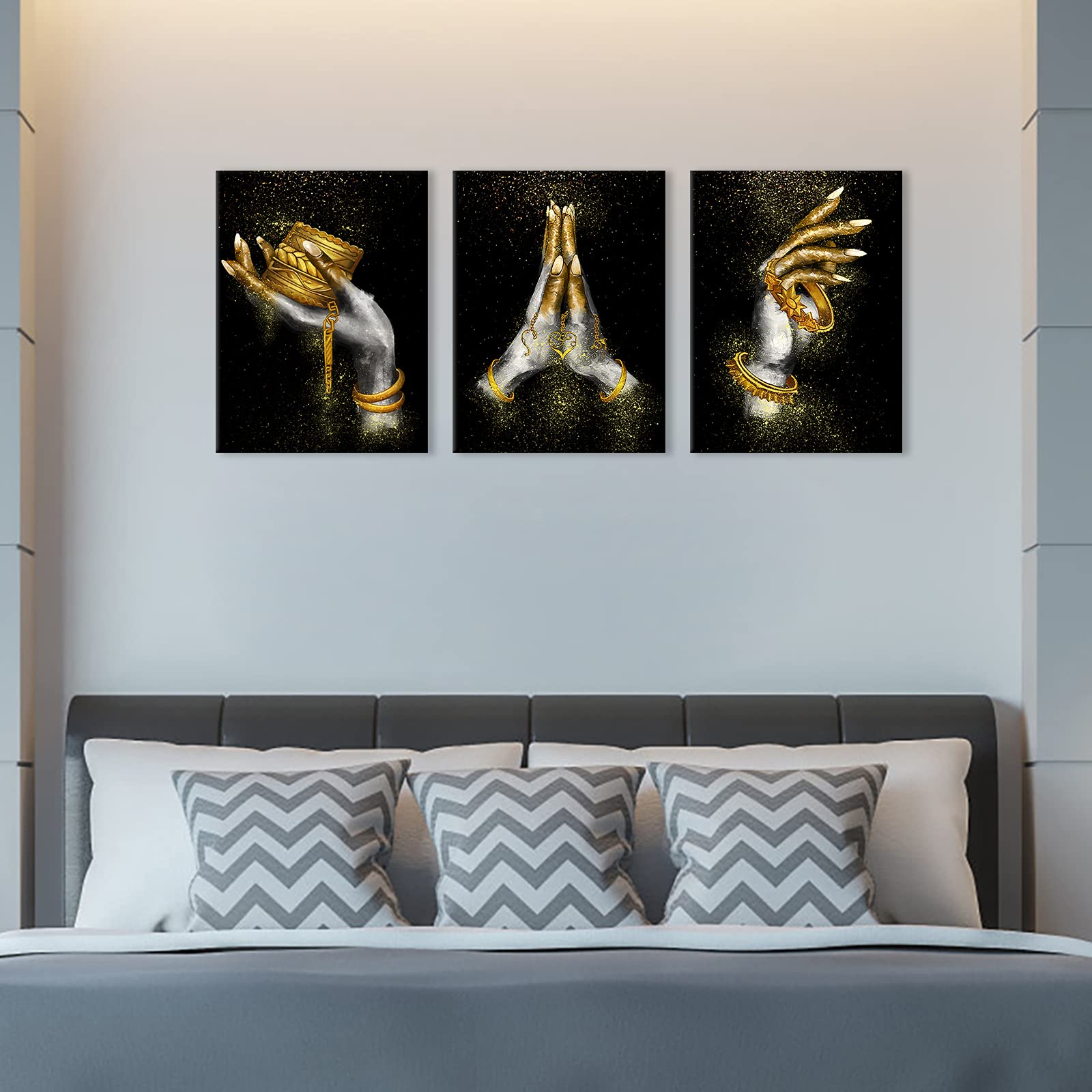 African American Wall Art Canvas Print - Gold & Black Woman Portrait with Hand Accessories, Framed Painting for Home, Bedroom & Bathroom Decor | Modern Black Girl Art Poster for Living Room & Office