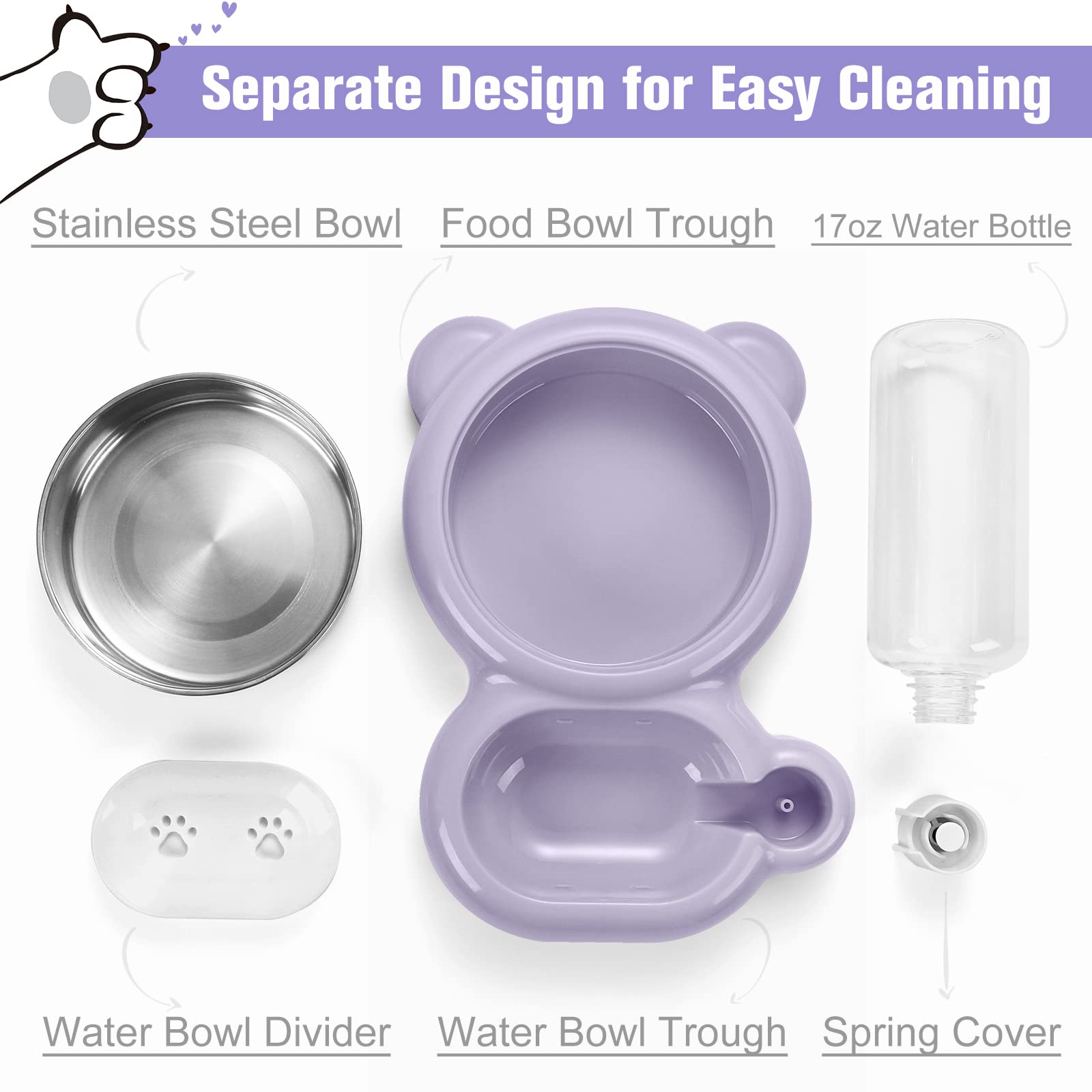 Premium Stainless Steel Cat & Small Dog Bowls Set with Water Dispenser - Non-Slip Pet Food & Water Dishes for Home, Travel & Outdoor Use - Purple