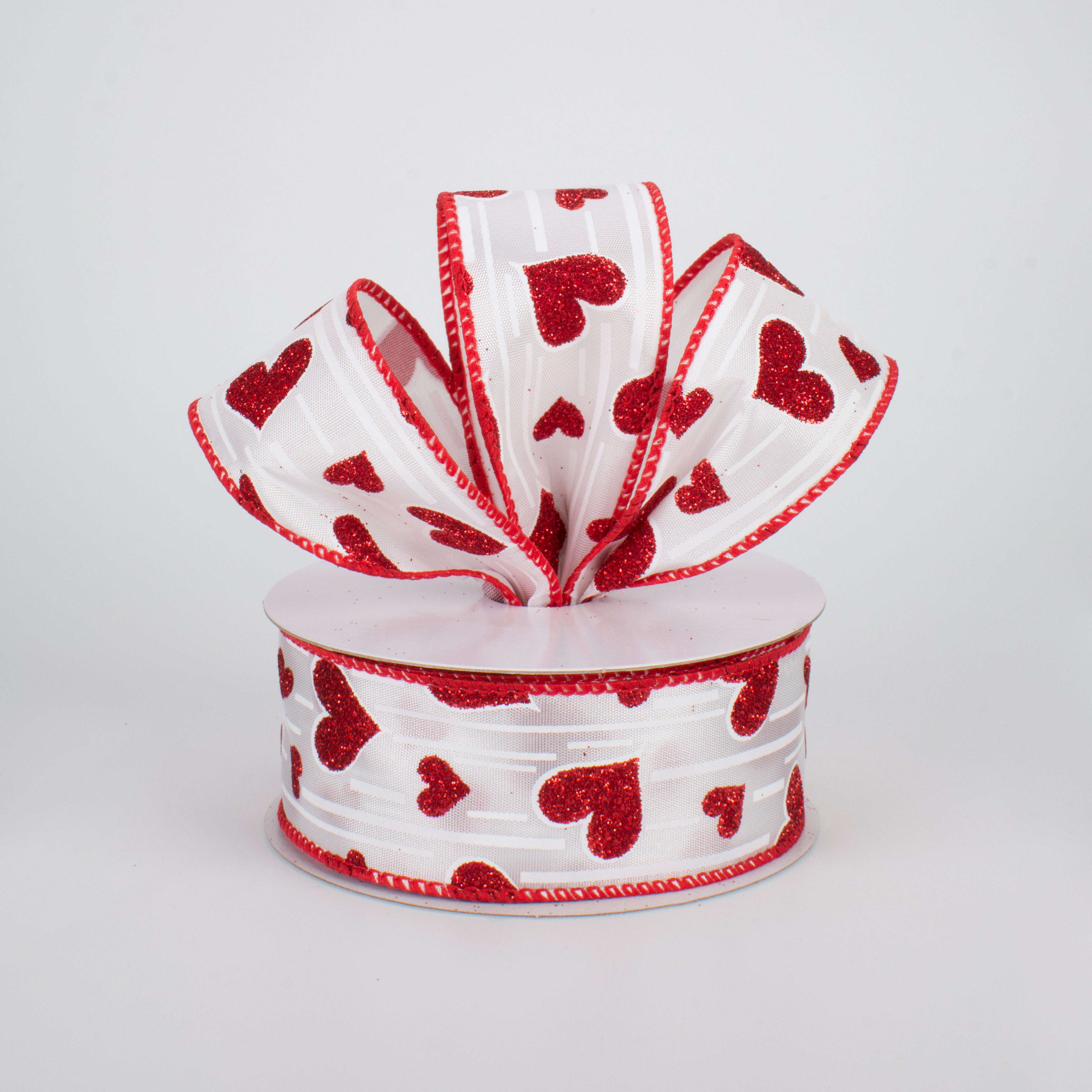 1.5 Inch Glitter Hearts Ribbon - Red with White Lines (10 Yards) for Gift Wrapping, DIY Crafts, Party Decorations & Scrapbooking