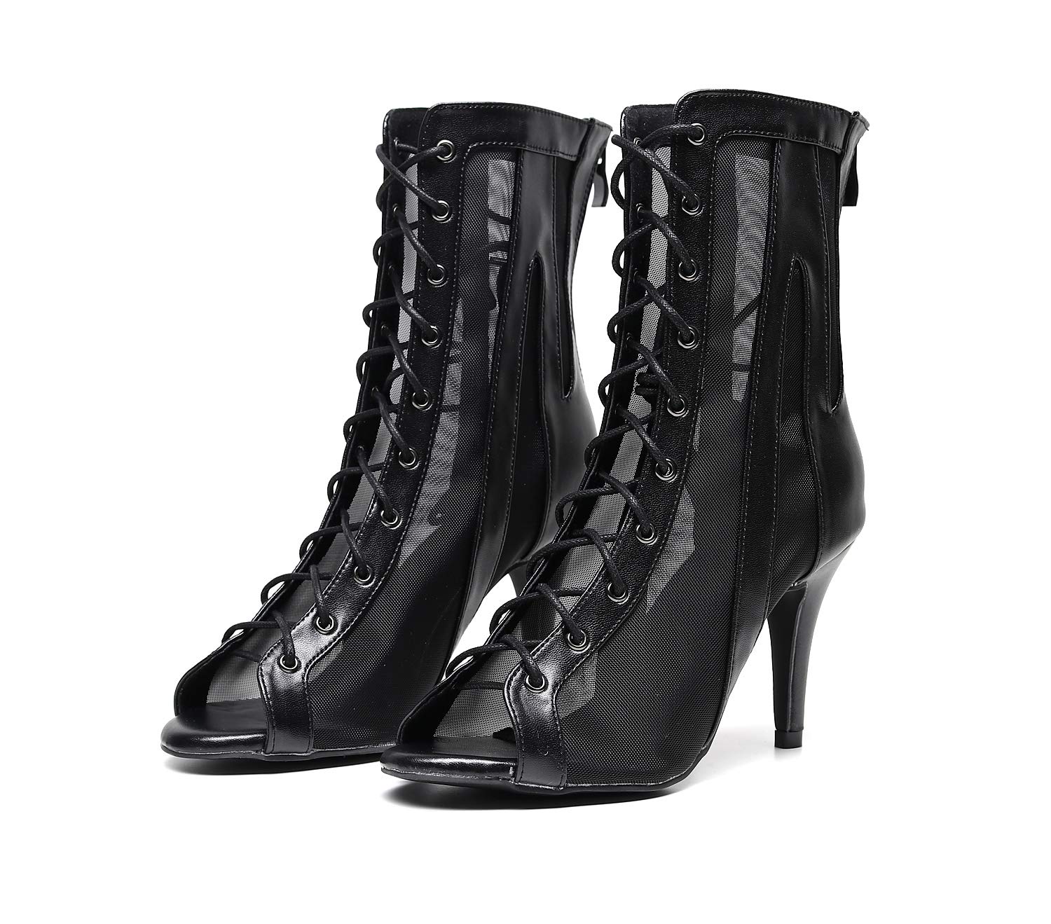 Sexy Black Open Toe Dance Boots for Women - 3.35 Inch High Heel Microfiber Net Dance Shoes | Perfect for Latin, Salsa, Tango & Nightclub Performances