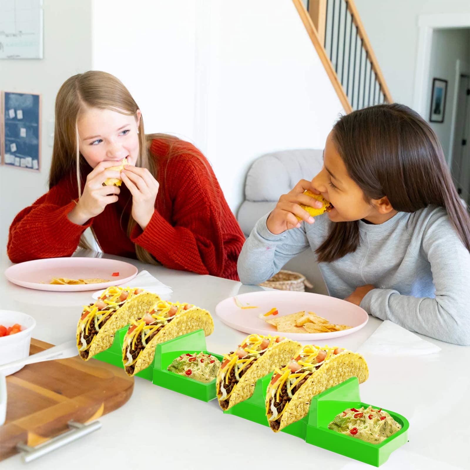 4-Pack Taco Holders with Dividers - Stand for 3 Tacos Each - Oven & Dishwasher Safe Taco Rack - Perfect for Taco Tuesday Parties, Family Dinners & Mexican-Themed Events (Green)
