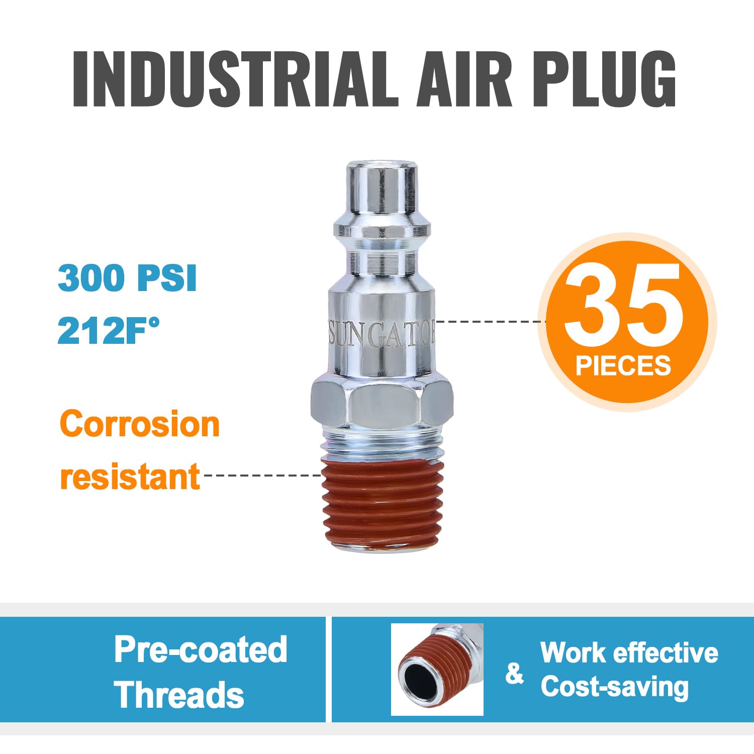 SUNGATOR 35-Pack 1/4 Inch Air Hose Fittings Kit - 1/4'' Male NPT Industrial Plugs & Quick Connect Air Line Fittings for Compressor, Auto Shop, Pneumatic Tools - Perfect for Air Compressor Repair, Automotive Maintenance & Industrial Applications