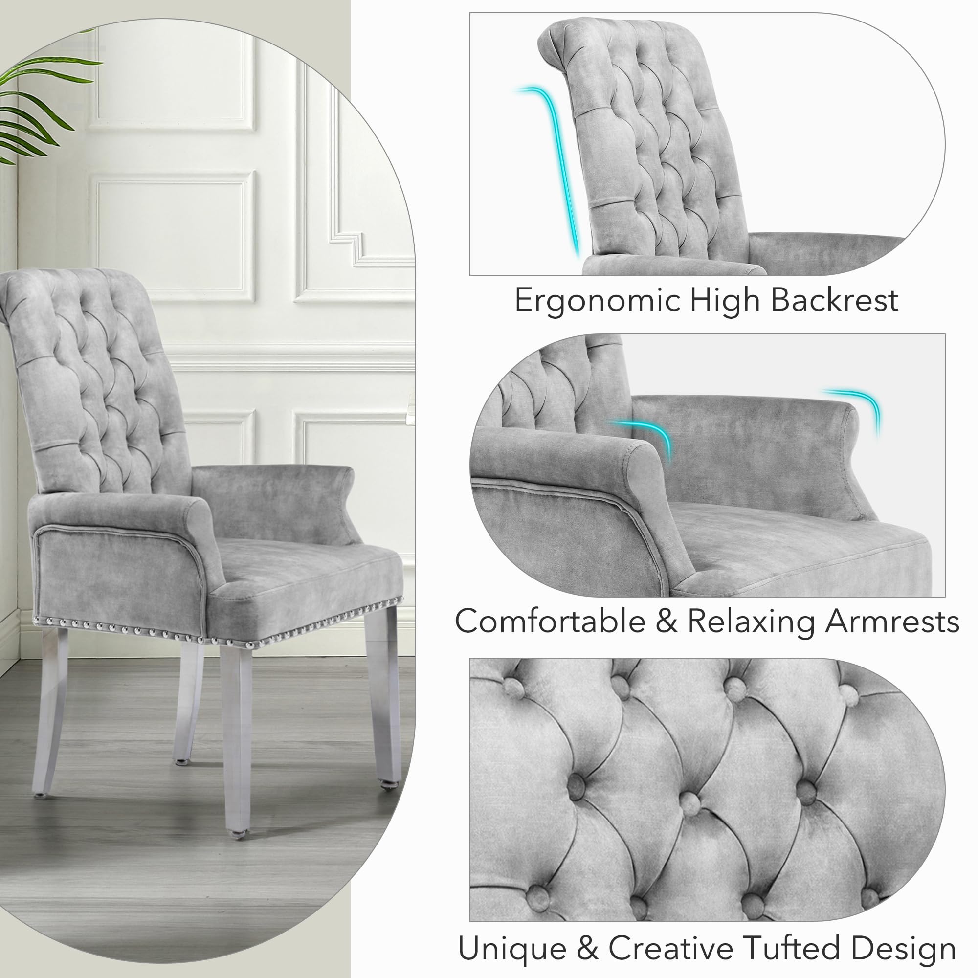 Luxury Velvet Dining Chairs Set of 2 - Modern Upholstered Tufted Armrest Chairs with Stainless Steel Legs - Elegant Grey Accent Chairs for Kitchen, Dining Room, Living Room & Bedroom - Perfect for Home Decor, Dinner Parties & Cozy Reading Nooks