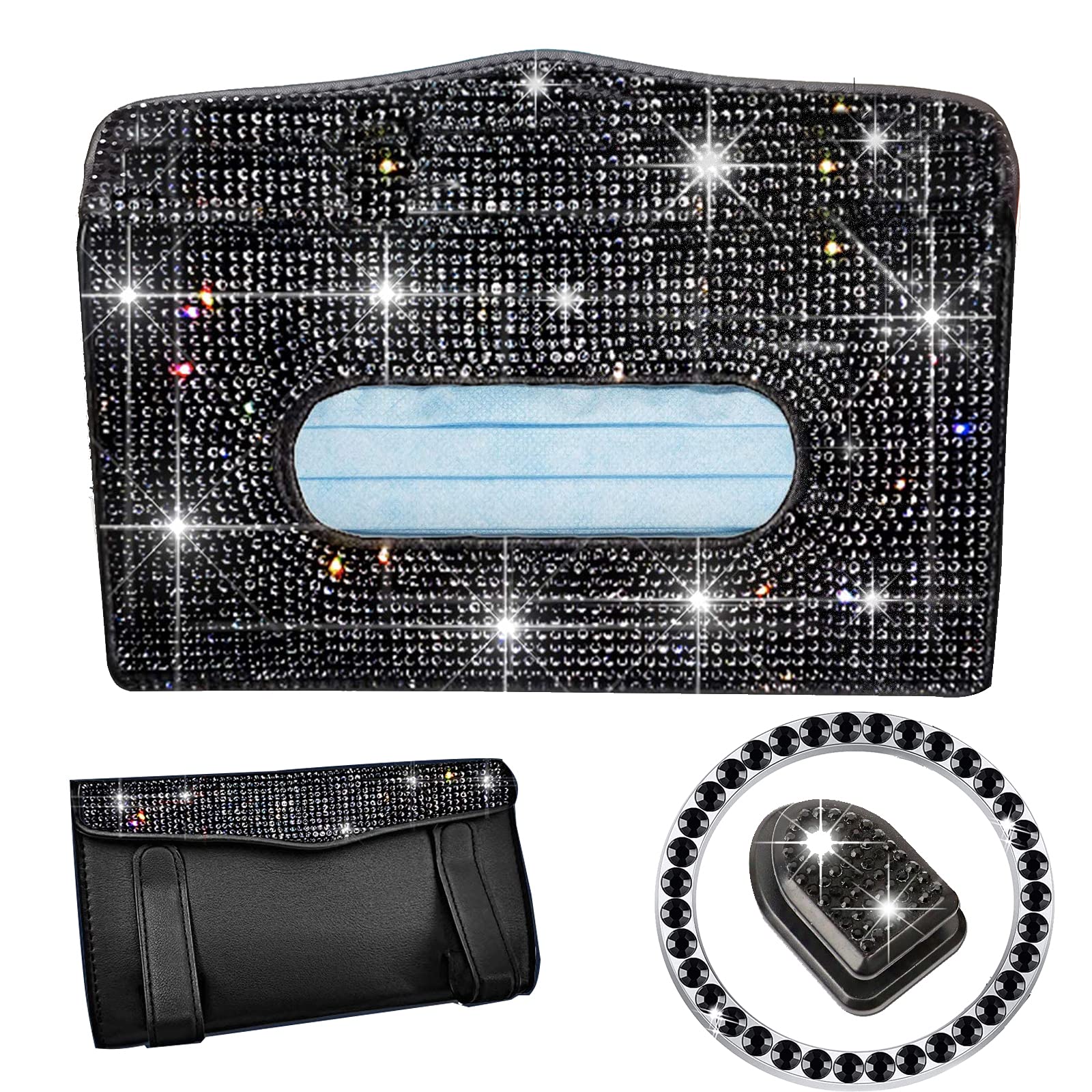 Upgraded Crystal Bling Car Tissue Holder - Full Jeweled Visor Mask & PU Leather Backseat Organizer - Sparkling Black Car Accessory for Luxury & Style | Perfect for Road Trips, Daily Commute & Gift Giving