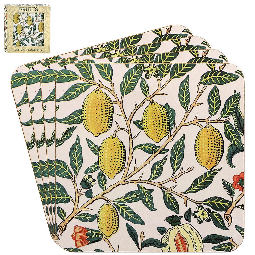 William Morris Fruits Set of 4 Absorbent Cork Coasters - Vintage Floral Design Drink Protectors for Coffee Tables, Dining Tables & Home Decor