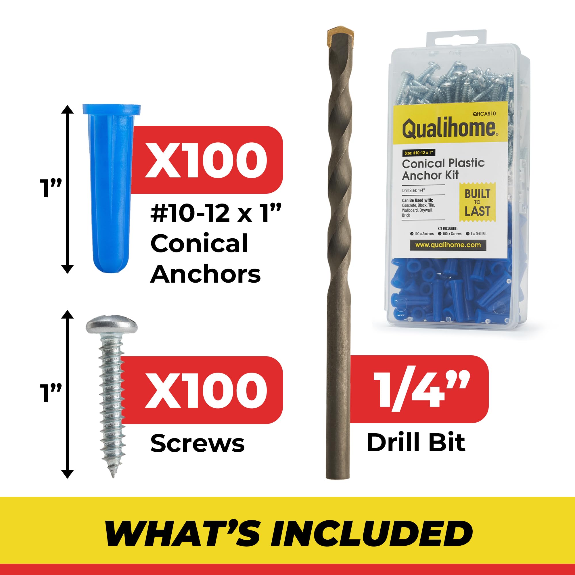 QUALIHOME 100-Pack Conical Concrete Anchors & Screws Kit with 1/4