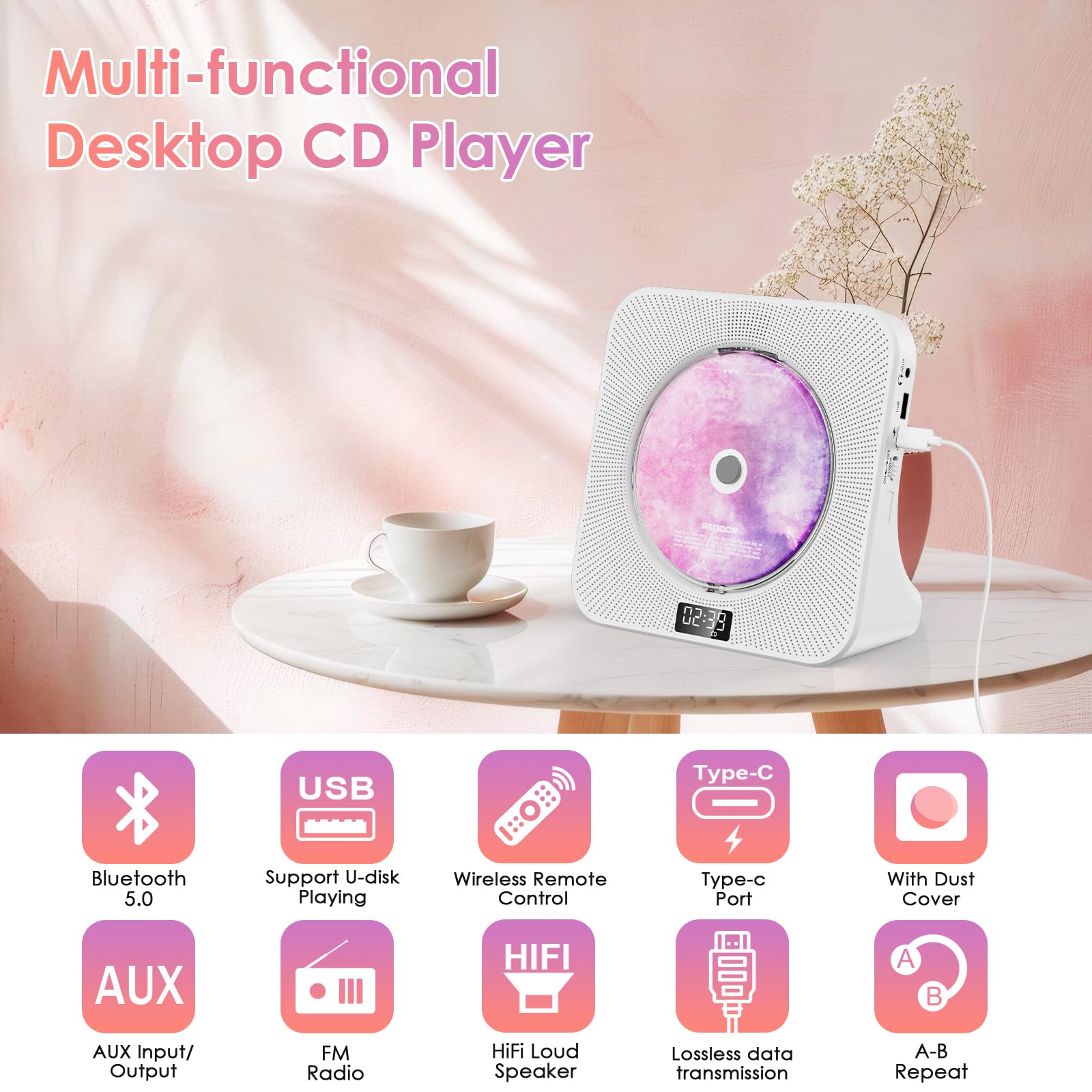 Lvcdodvd Bluetooth 5.0 Mini CD Player with Hi-Fi Sound, Remote Control, LED Display, Dust Cover, FM Radio, USB, AUX – Perfect for Home, Office, and Small Spaces