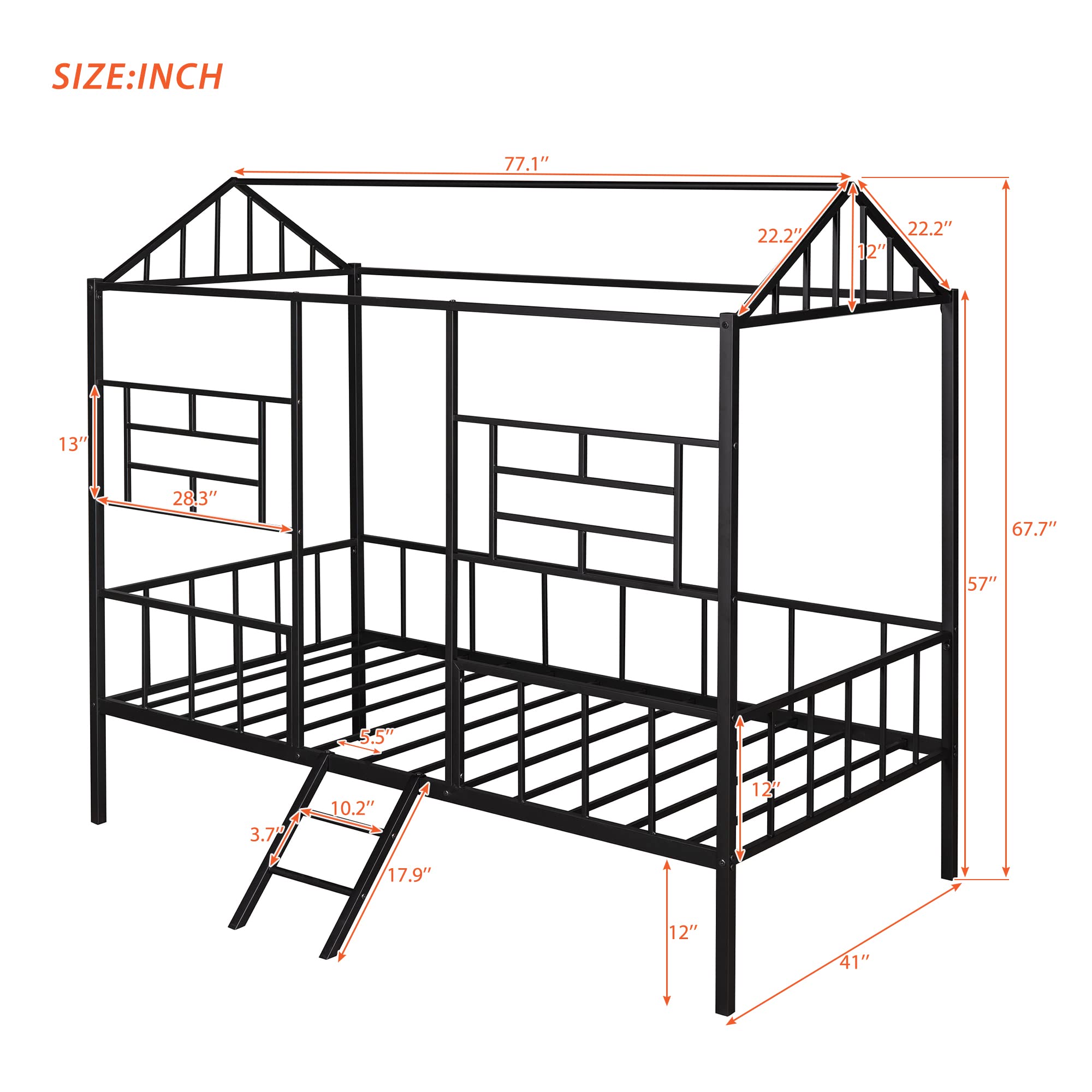 Harper & Bright Designs Metal Low Loft Bed for Kids - Twin Size House-Shaped Platform Bed Frame with Slatted Support - Perfect for Toddlers, Teens & Small Spaces (Black) - Ideal for Bedrooms, Playrooms & Dorm Rooms