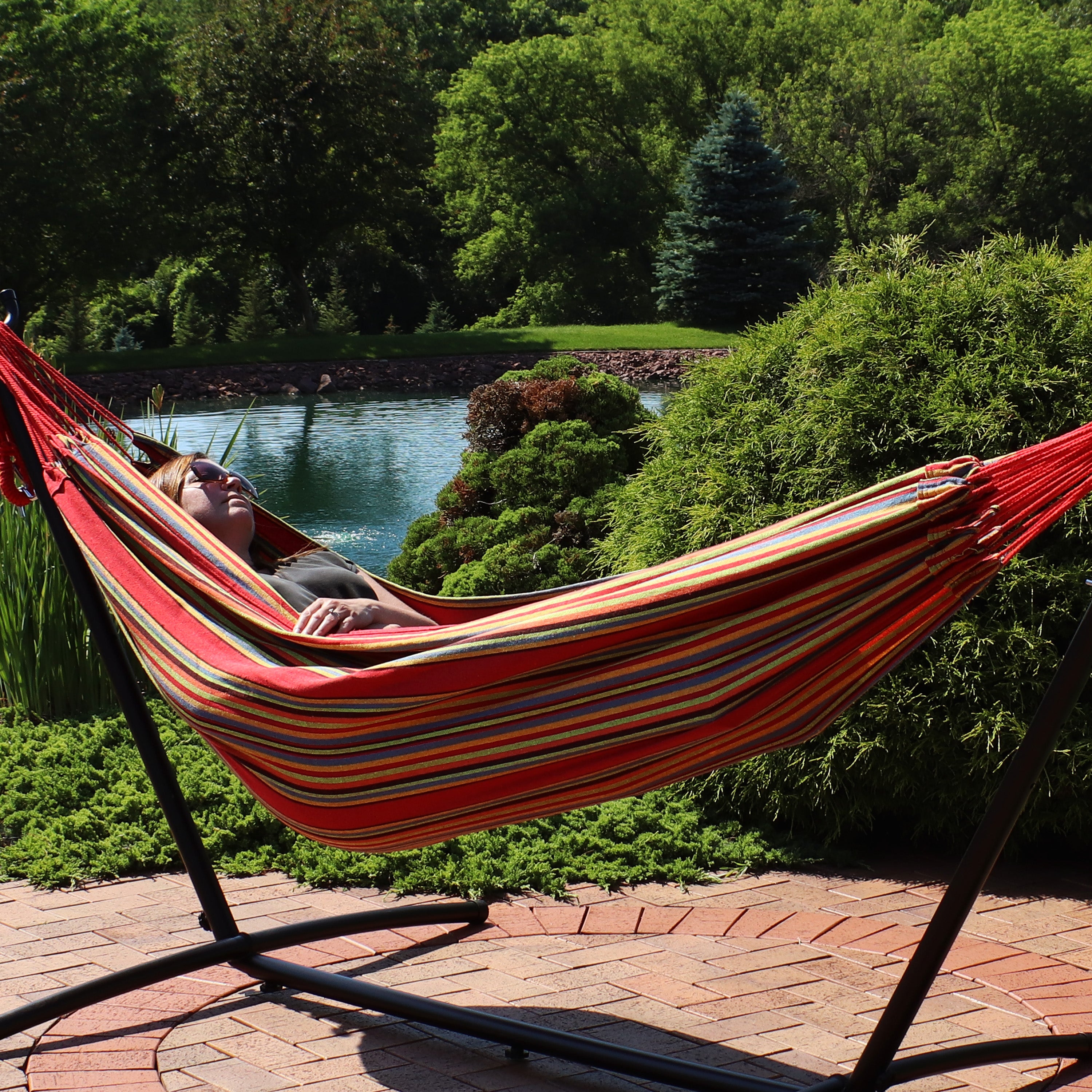 Sunnydaze 2 Person Brazilian Double Hammock - Durable Outdoor Hammock for Backyard, Camping & Beach - Comfortable Cotton Fabric with Spreader Bars