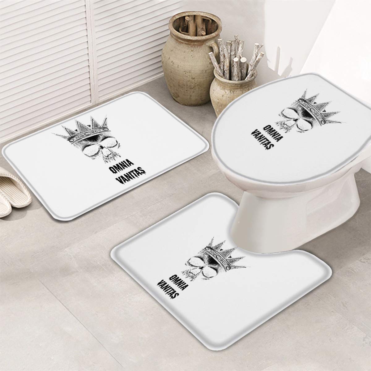 Royalreal 3-Piece Bathroom Rug Set - Skull Skeleton Portrait Design with Non-Slip Backing (Includes 1 Bath Mat, 1 Contour Rug, 1 Toilet Lid Cover) | Machine Washable Sand Art Style with Crown | Perfect for Gothic, Halloween, or Punk-Themed Bathrooms