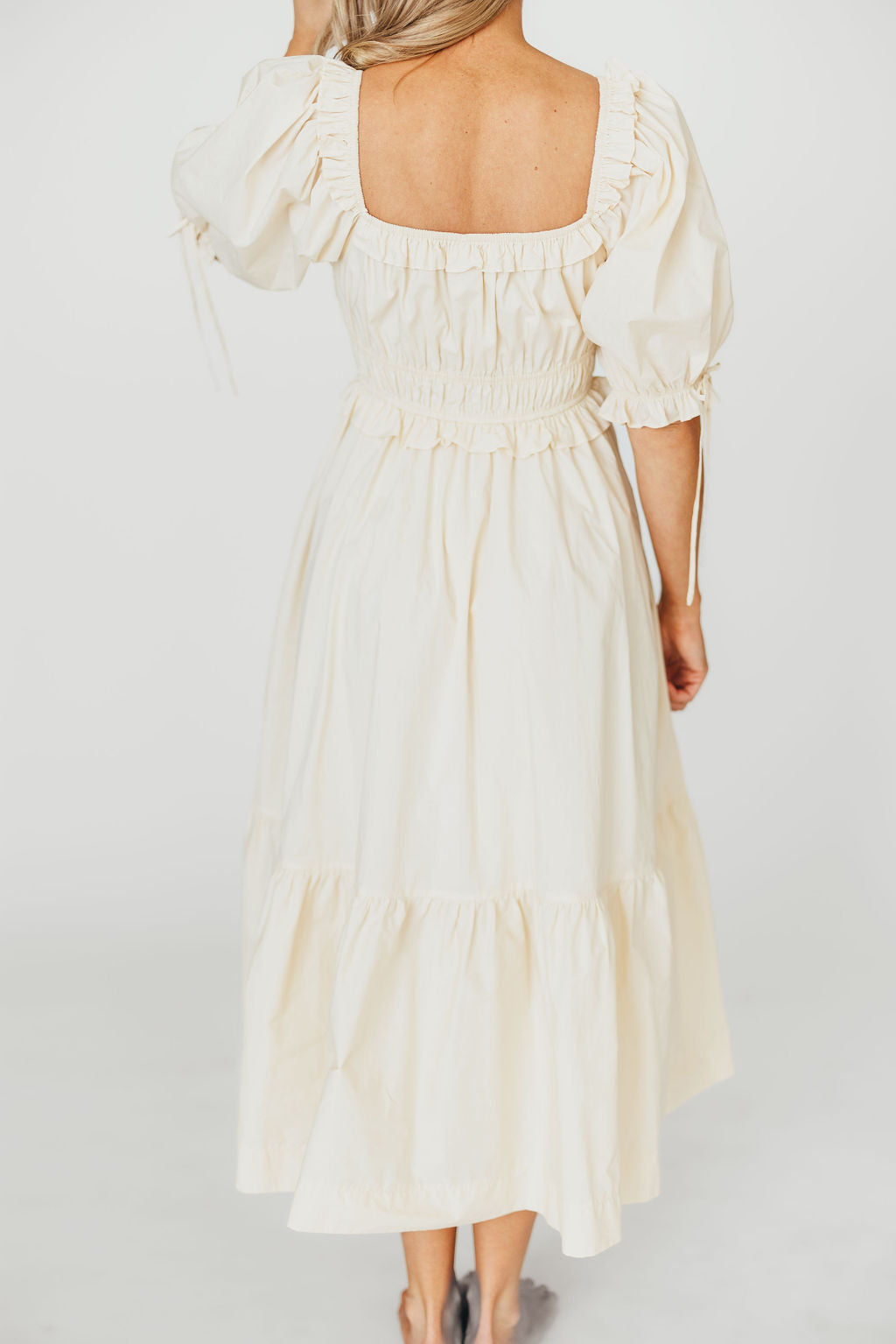 100% Cotton Crissy Ruched Midi Dress in Cream - Bump Friendly Maternity Dress for Pregnancy & Nursing | Perfect for Baby Showers, Maternity Photos & Everyday Wear