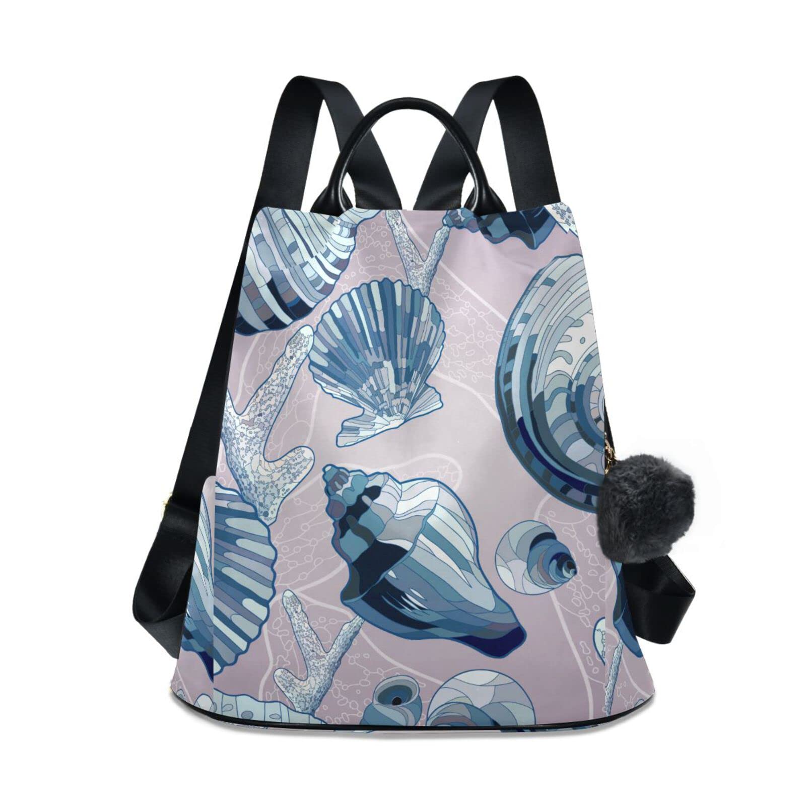 Stylish 15 Inch Anti-Theft Women's Backpack with Coral Shell Print & Fuzzy Keychain - Fashionable School, Travel & Casual Purse for Everyday Use | Perfect for College, Commuting & Beach Outings