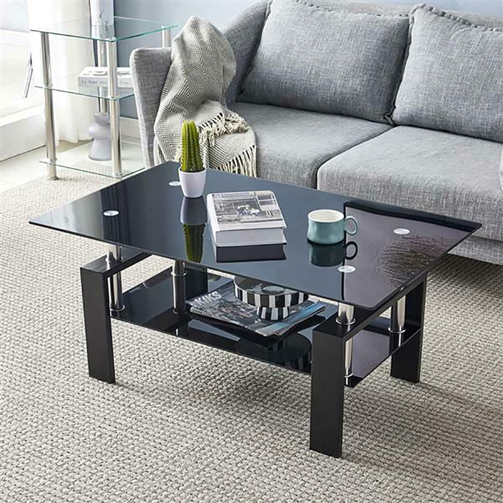 Modern Rectangle Coffee Table with Black Glass Top & Metal Legs - Sturdy Lower Shelf for Living Room, Office, or Lounge - US Stock Fast Shipping